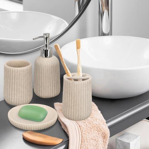 Tefola Tefola Beige Bathroom Accessories Set, 4 Pcs Resin Gift Set Apartment Necessities with Soap Dispenser,Toothbrush Holder,Bathroom Tumbler,Soap Dish for Vanity Countertop Accessories