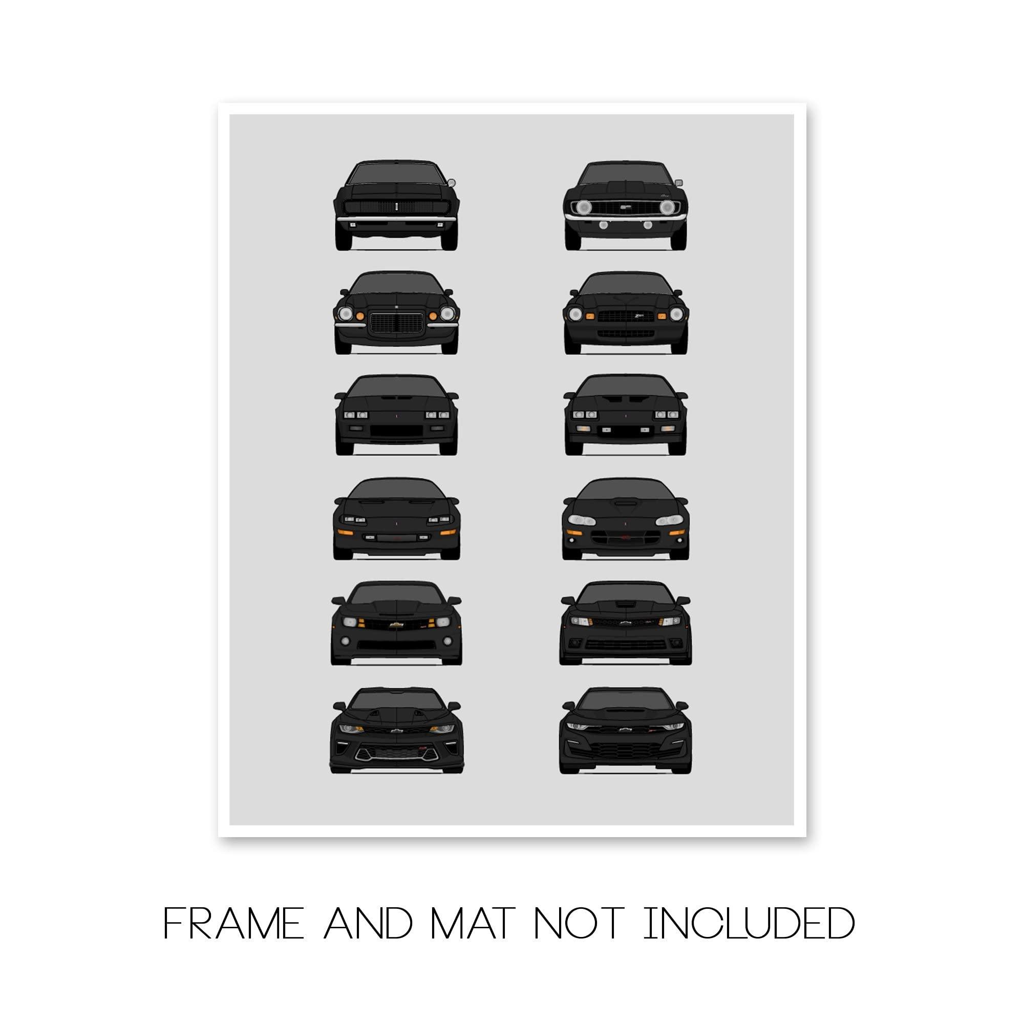 Custom Car Posters Custom Car Posters History of Chevy Camaro Generations and Handmade Print of Camaro from 1967 to Present - Black, 11x14\" Satin Print (Unframed) - Gift for Car Enthusiast