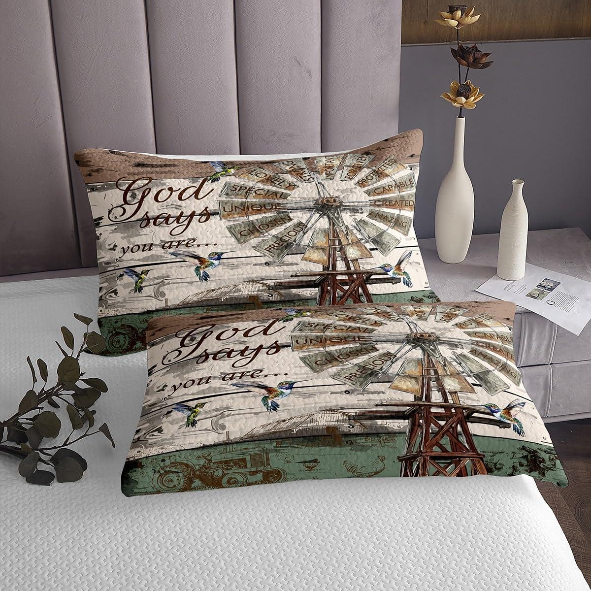 Erosebridal Rustic Farmhouse Quilt Set Queen Size, Vintage Country Windmill Coverlet Set For Kids Teens Adult Women Bedroom,Farm Animal Cabin Bedspread Set Western Wood Barn Door Bed Set With 2 Pillow Cases