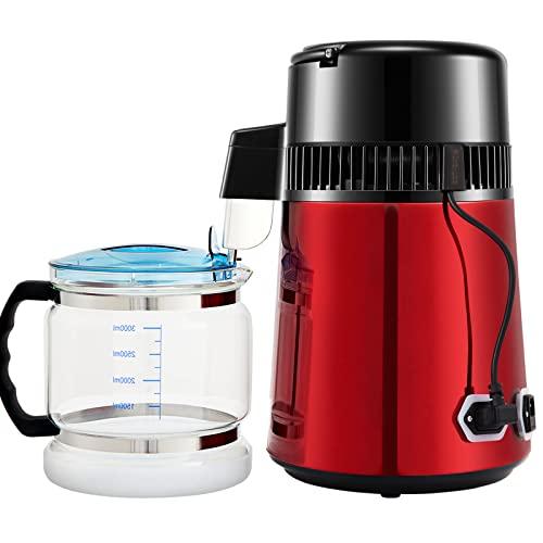 VEVOR VEVOR 1.1Gal Water Distiller, 0.3Gal/H, Distilled Water Maker Machine 750W 0-99H Timing Dual Temp Display, 304 Stainless Steel Countertop Distiller Glass Carafe Cleaning Powder 3 Carbon Packs, Red