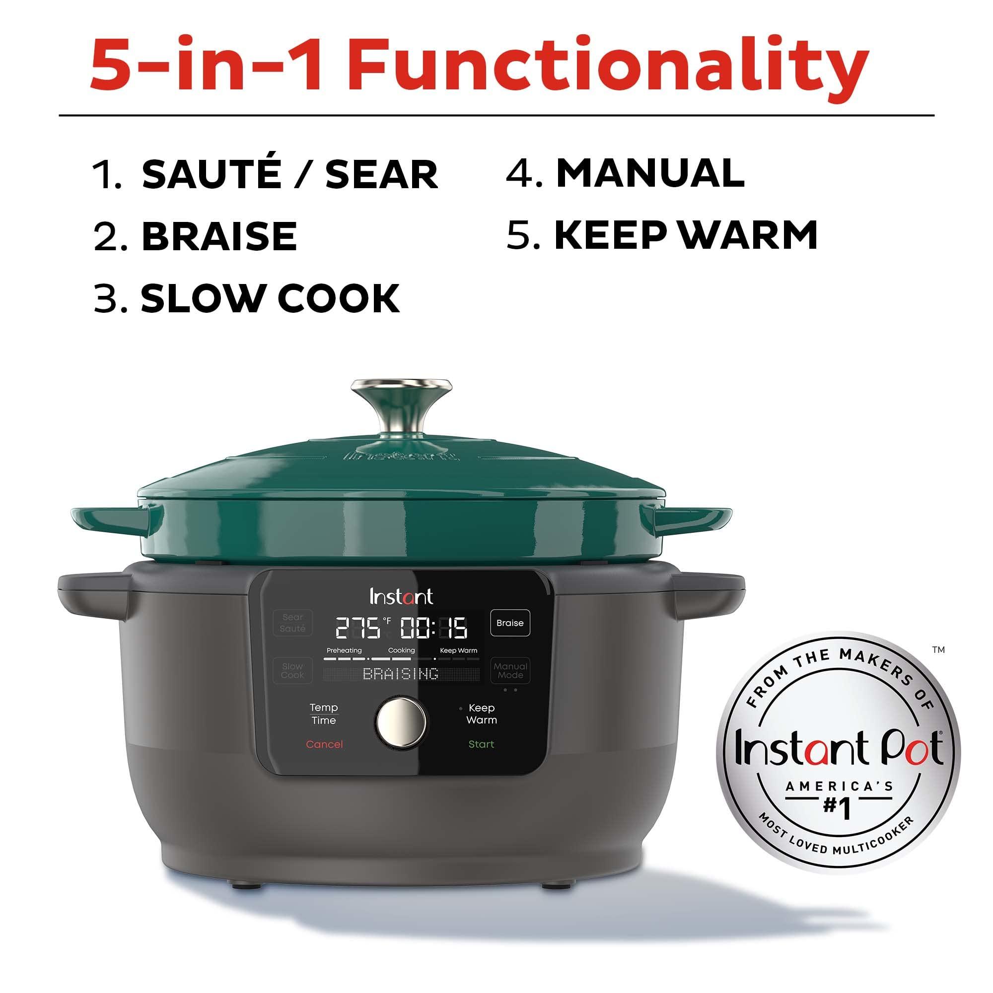 Instant Instant Electric Round Dutch Oven, 6-Quart 1500W, From the Makers of Instant Pot, 5-in-1: Braise, Slow Cook, Sear/Saut, Cooking Pan, Food Warmer, Enameled Cast Iron, Included Recipe Book, Green