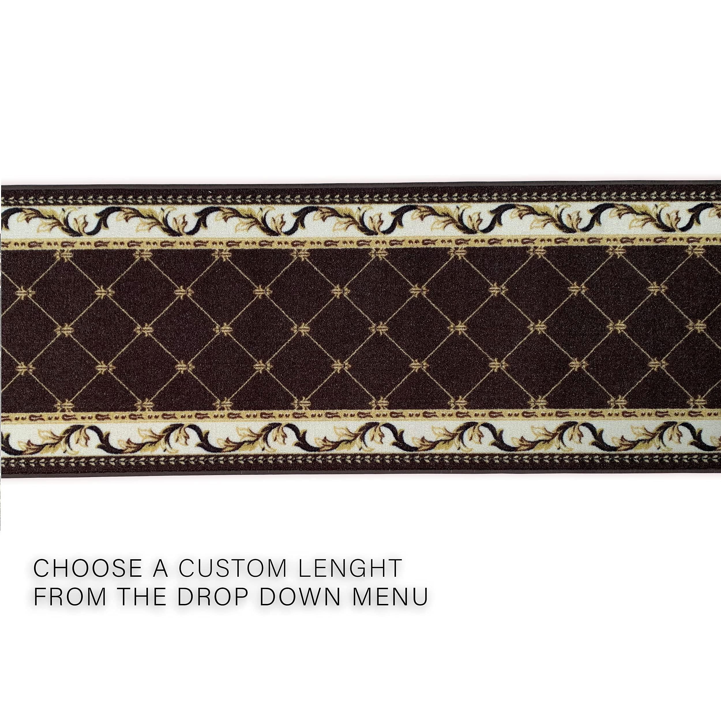 CreativeDeco Custom Made Runner Rug Low Pile With Rubber Backing For Kitchen Foyer Hallway Entry Choose Your Length Size 31 Inch Wide French Scroll Fleur De Lis Design Brown White Color (29 feet x 31 Inch)