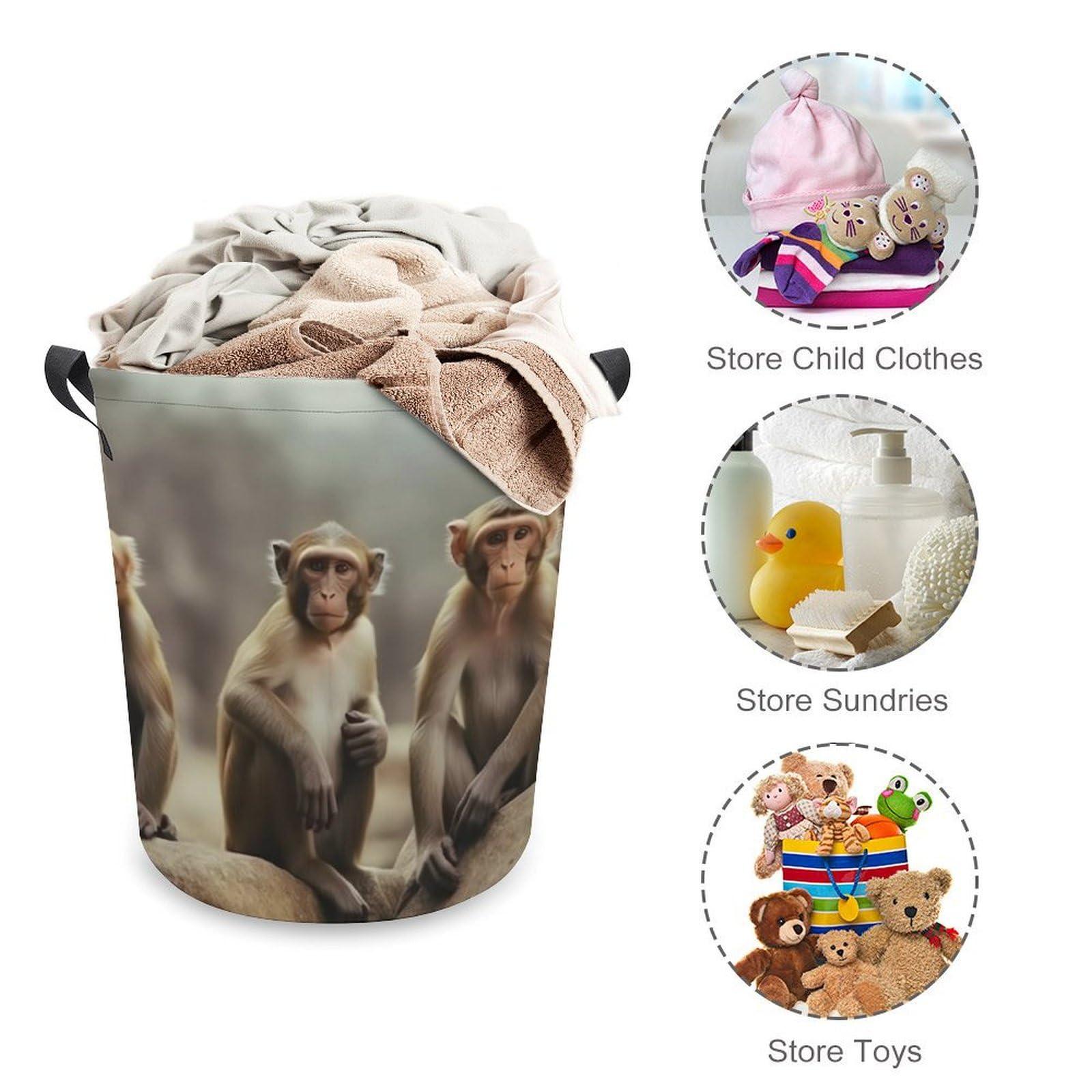 LFDSEPYM LFDSEPYM Laundry Hamper Large Laundry Basket Round Laundry Hampers with Handles Sitting Monkey Dirty Clothes Hamper Storage Basket for Family Bedroom Decoration