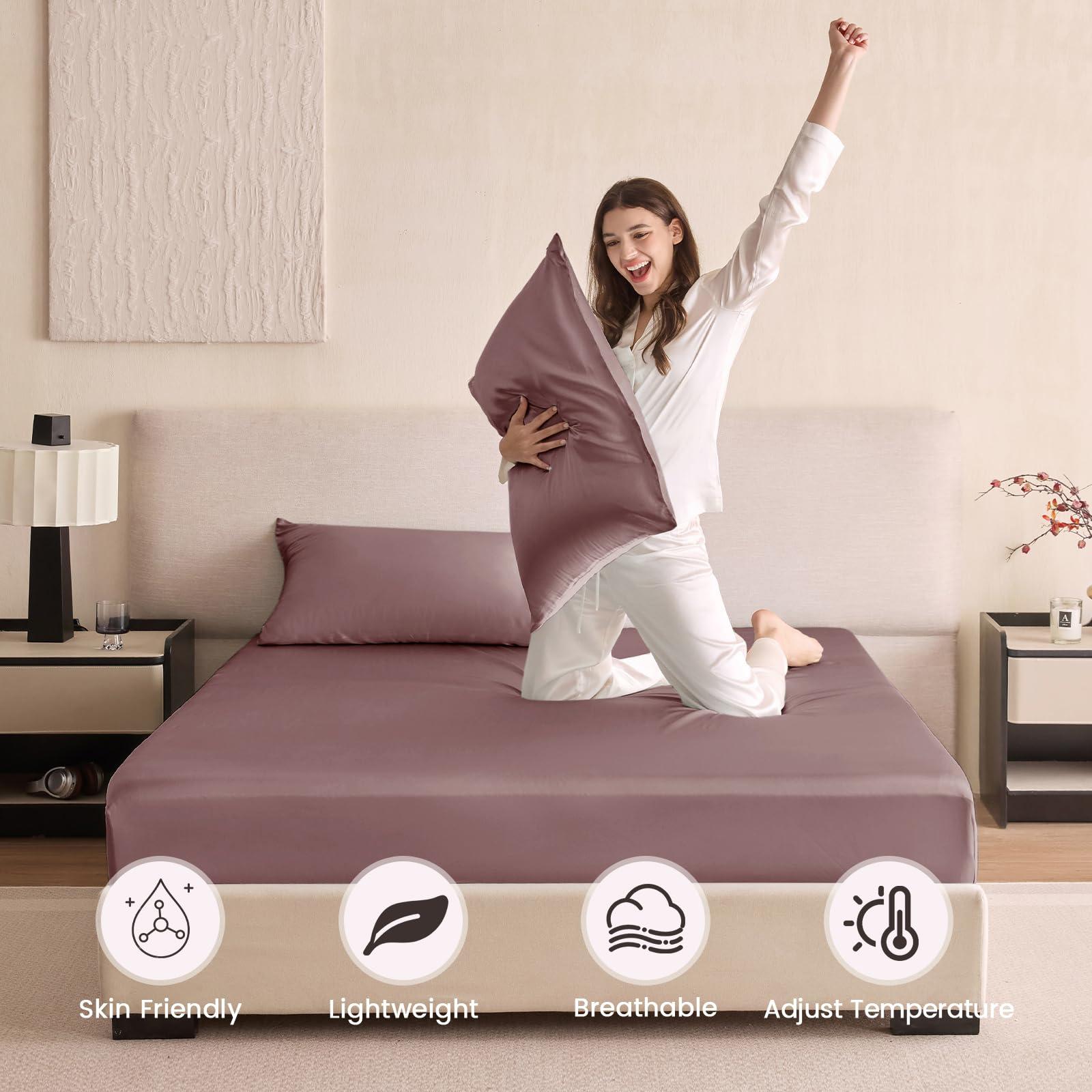 THXSILK THXSILK Silk Cal. King Fitted Sheet 3Pcs Set, 6A+ Top Grade 100% Pure Mulberry Silk Bed Sheets Set Luxury Bedding Sheet for Hair and Skin, 1 Fitted Sheet with 2 Pillowcases, Purple