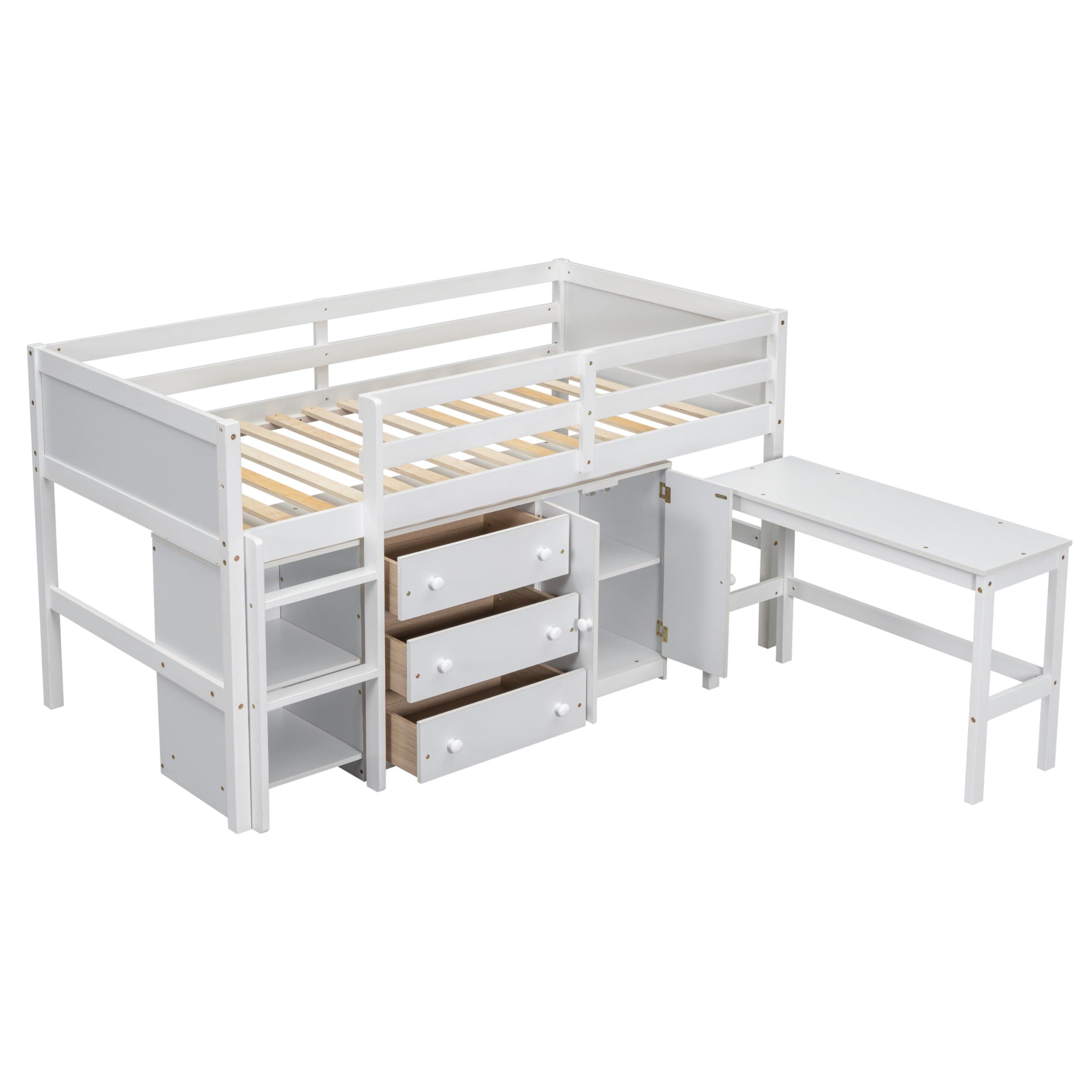 Ball & Cast Ball & Cast Twin Size Low Loft Bed Bunk with Pull-Out Desk and Drawers,Multifunctional Wood Bebframe W/Full-Length Guardrails and Storage Cabinet,Spacious Bookshelf,for Bedroom,Apartment,White