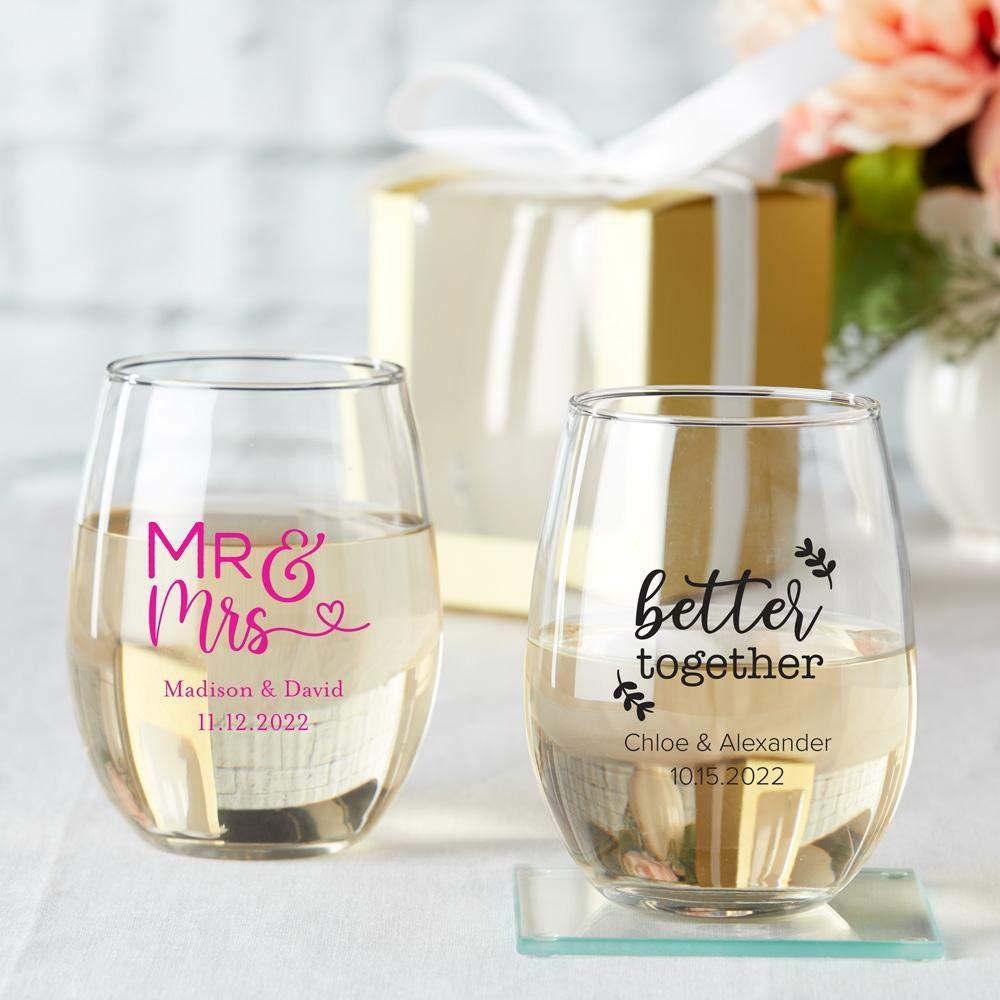 Kate Aspen Kate Aspen 9 oz. Personalized Stemless Wine Glass - 72pcs/White - Custom Wedding Favors and Bridal Shower Party Favors with Customized Designs Text Lines