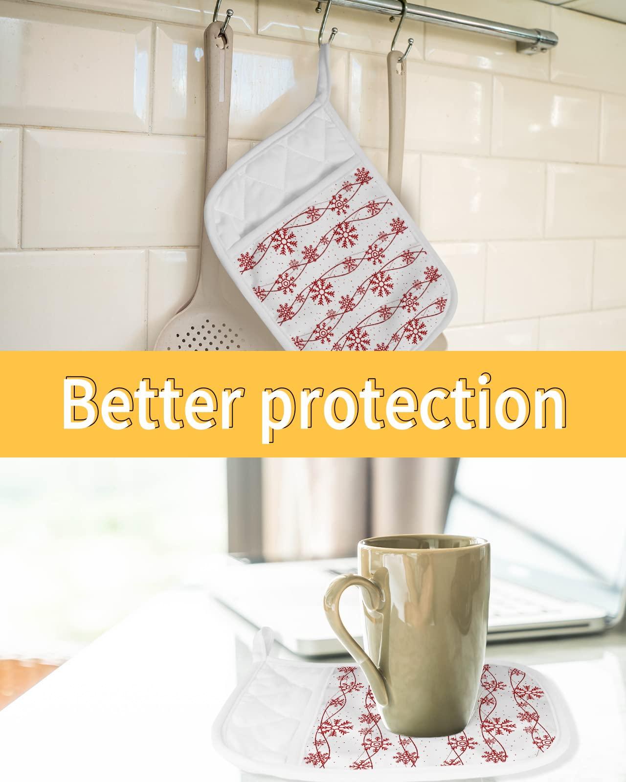 LEOKOTI 5 Pack Pocket Pot Holders, Christmas Snowflake Hot Pads for Kitchen Heat Insulation Potholders, Xmas Winter Red Snowflake White Decor Pot Holder Oven Mitts Hot Pad Trivet for Baking Cooking 9\"x7\"