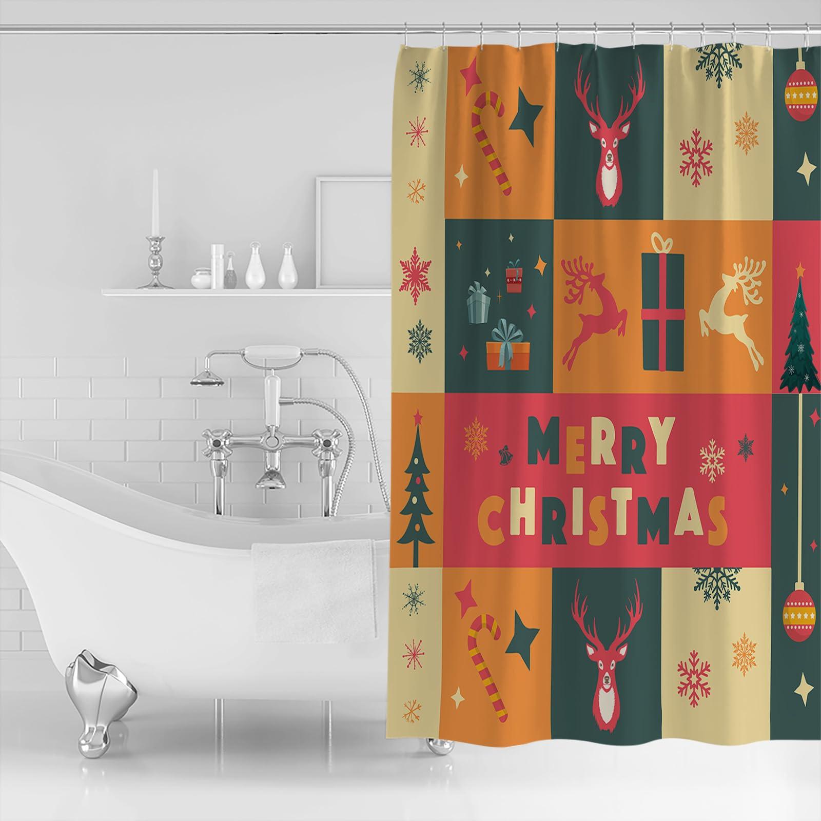 Wotrend Merry Christmas Shower Curtain for Bathroom 72\" x 78\", Xmas Tree Ball Elk Snowflake Gifts Shower Curtain with Hooks Polyester Waterproof Home Bathtub Decor