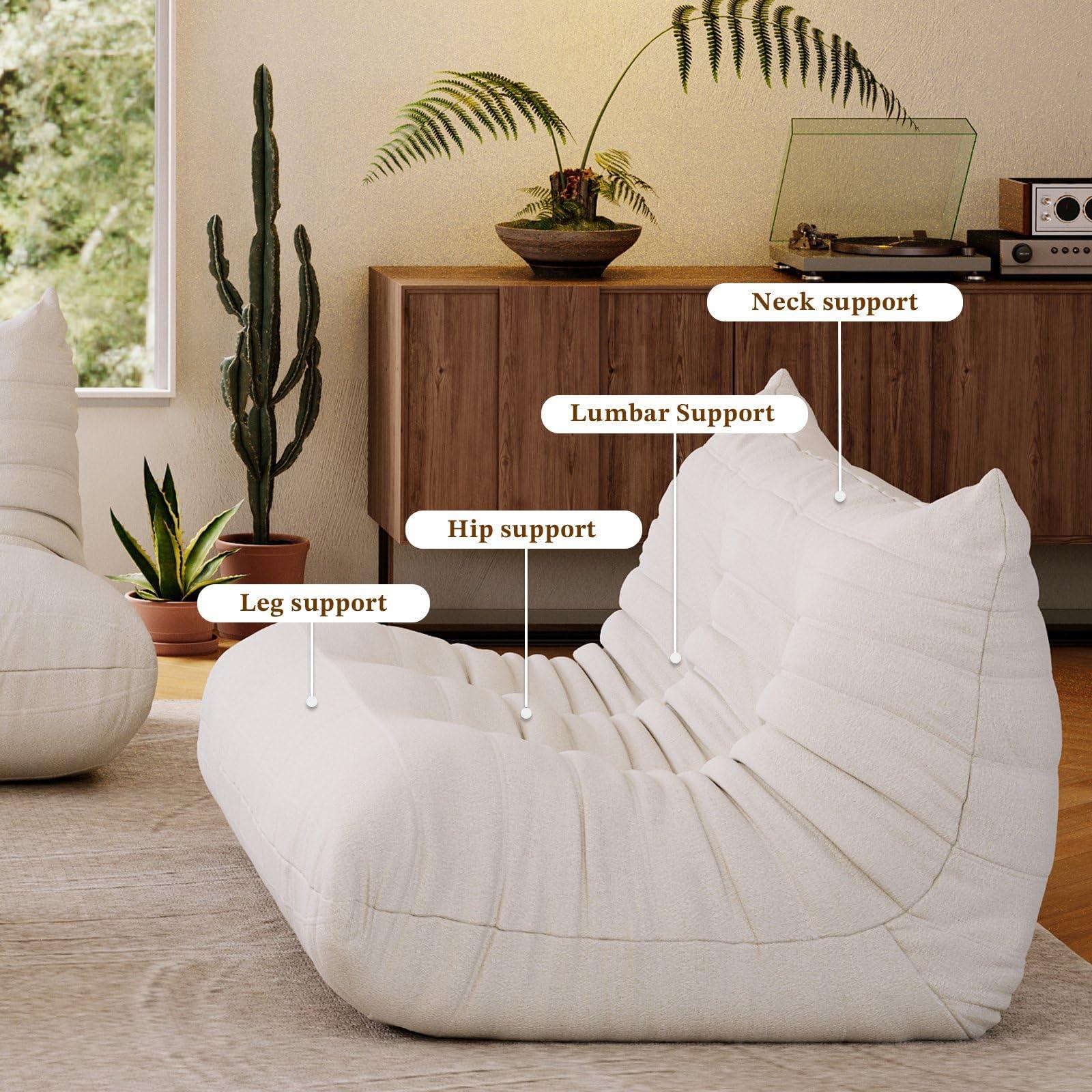 HomeLoft Basics Comfy Lazy Floor Sofa Couch,Teddy Velvet Sofa,Fireside Modern Floor Couch for Adults,3-Seater Lounge Foam Filled Chair with Chaise,Lazy Sofa for Living Room Bedroom Office,White