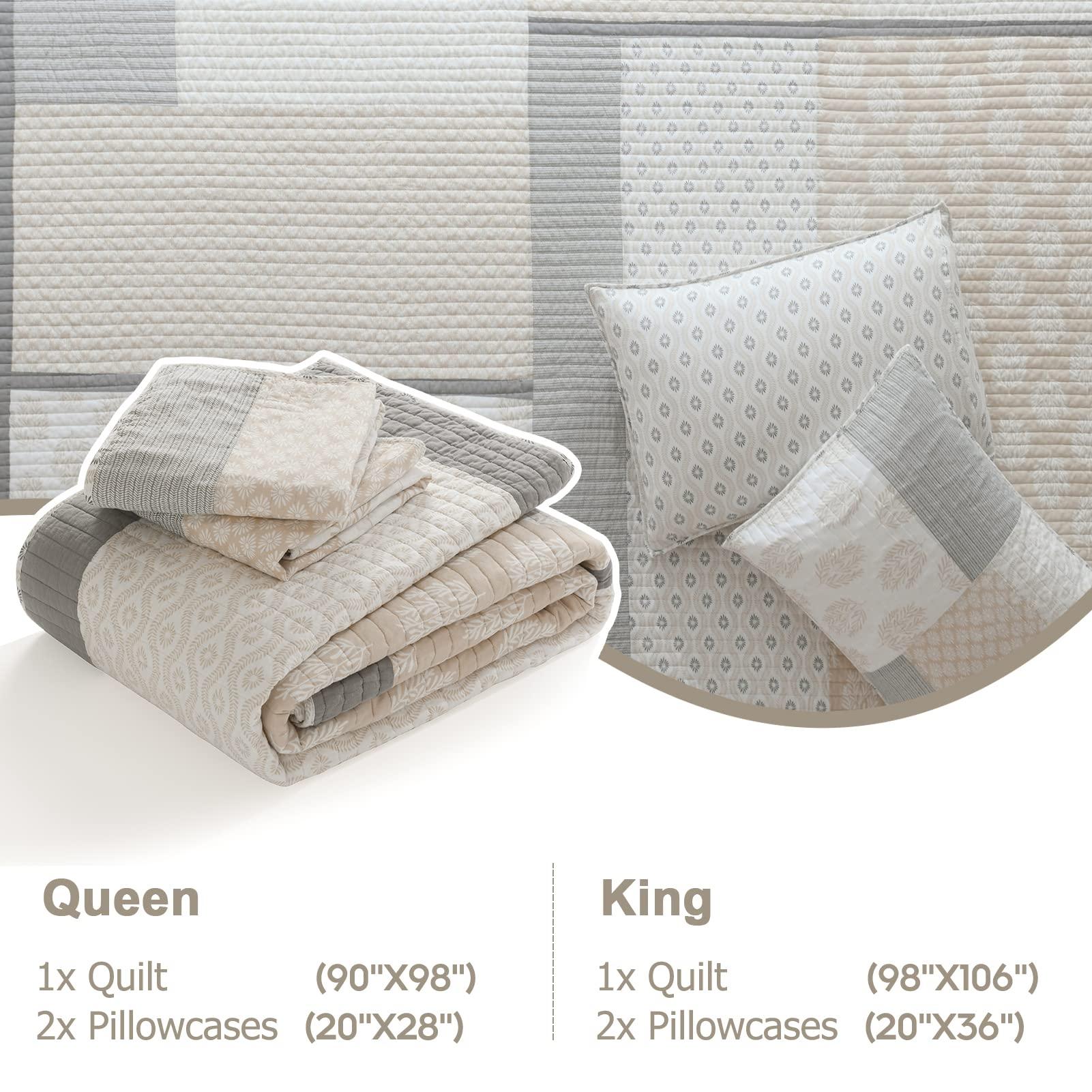 Finlonte Finlonte Quilt Set King Size - 100% Cotton King Comforter Set, Patchwork Bedspread Reversible Lightweight Bedding, Moonbeam Grey White Floral Quilts for King Bed All Season, 3 Pieces