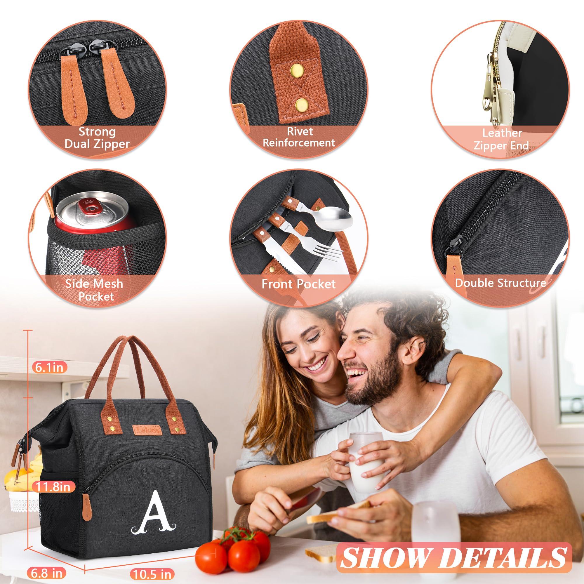 RIFESI Personalized Lunch Box for Women, Initial Reusable Insulated Lunch Bag, Wide-Open Adult Lunchbox Cooler Lunchbag Snack Organizer, Initial Leakproof Lunch Tote Bag for Picnic Work Outdoors Black - J