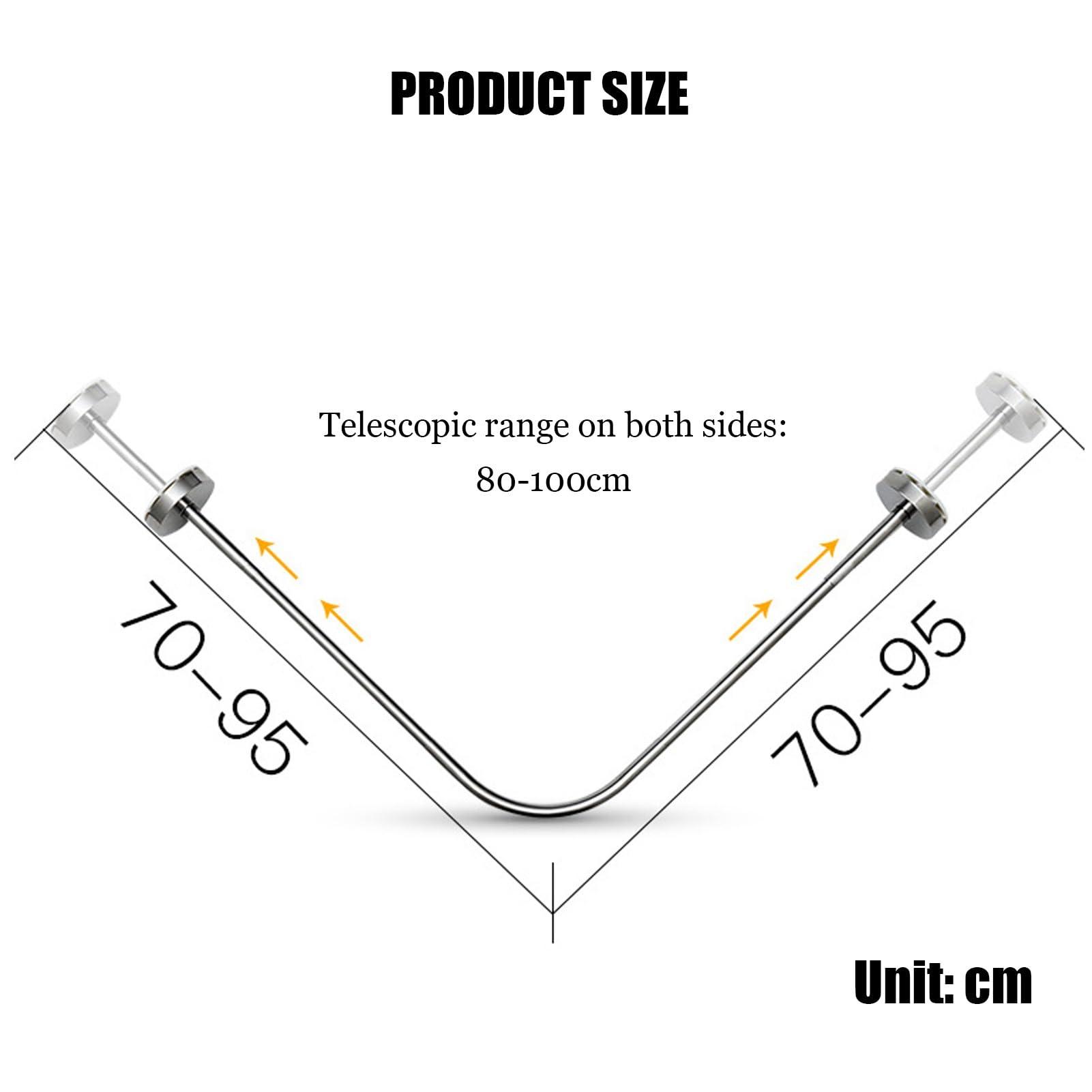 Meiiron Adjustable Curved Shower Curtain Rod Wall Mounted L-Shaped Bathroom Corner Curtain Hanger Pole Bath Bar Metal Shower Rail, No Drilling (Size : 70~95x70~95cm)