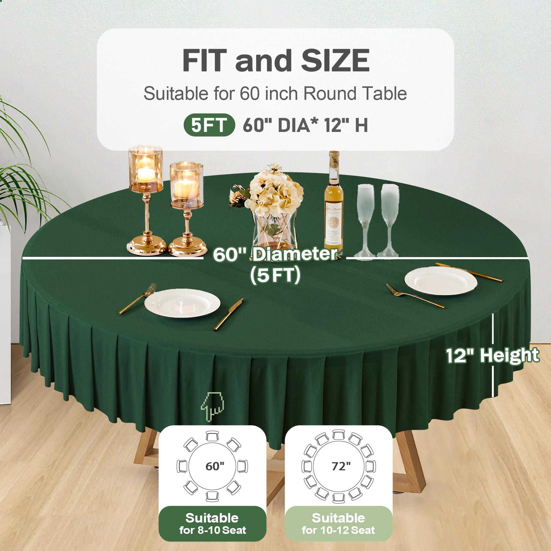 Party Talk 8 Pack Green Spandex Round Tablecloths for 60 inch Table, Stretchy Fitted 5FT Round Table Cloths Wrinkle Free Round Table Covers with Table Skirt for Christmas Wedding Banquet Birthday Party