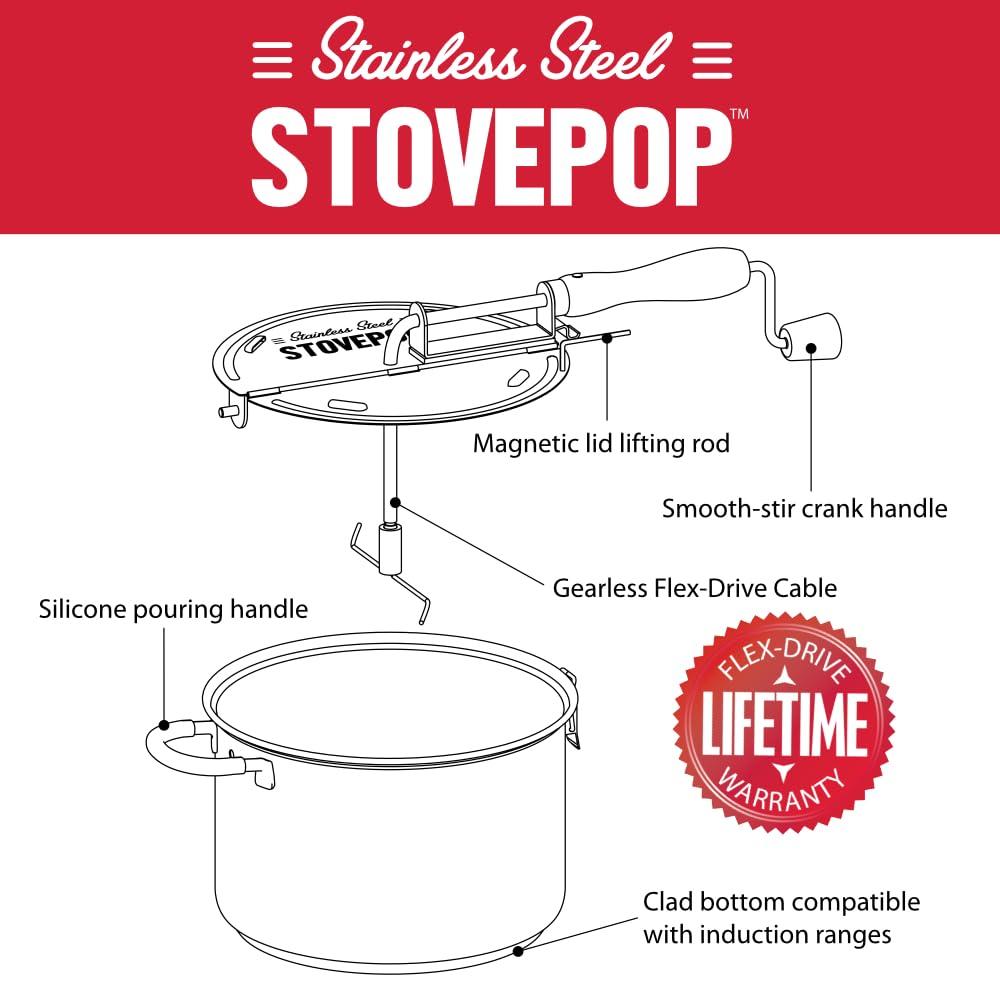 TIME FOR TREATS StovePop Stainless Steel Popcorn Popper - Gearless Hand Crank, Magnetic Lid, 6 Qt - Induction Range Compatible