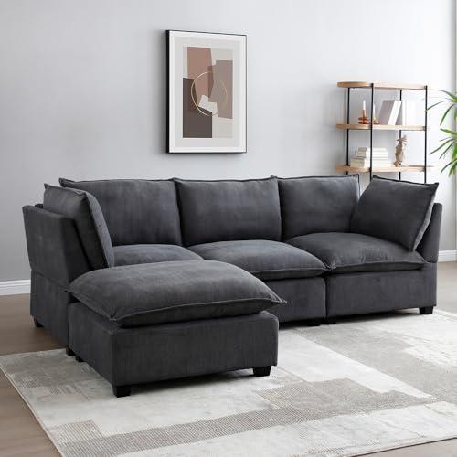 LyuHome 99.3" Modular Sectional Sofa Couch for Living Room, Modern 5-Seat Linen Fabric Sofa Couch Set with Convertible Ottoman,L-Shape Sofa Freely Combinable Sofa for Home Apartment Office, 2 Pillows, Grey