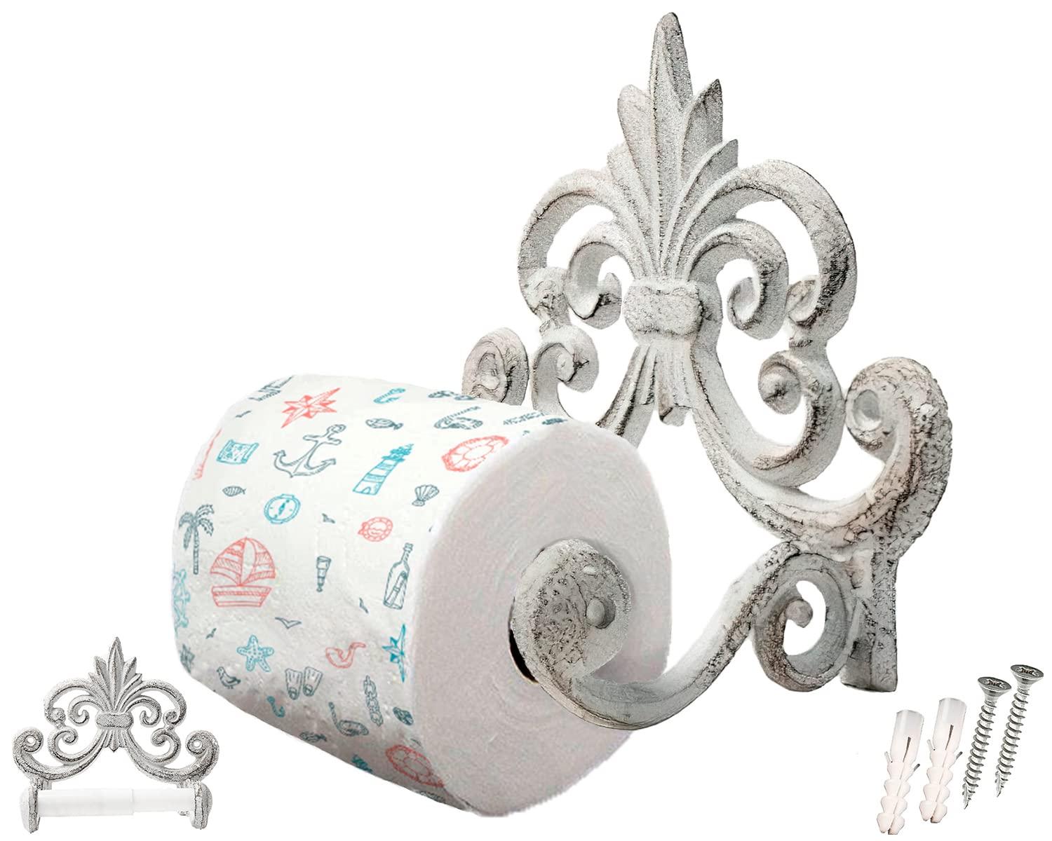 Comfify Decorative Cast Iron Fleur De Lis Toilet Paper Roll Holder - Wall Mounted, Antique White, Vintage Rustic Design - Bathroom Accessory with Easy Installation - Included Screws and Anchors