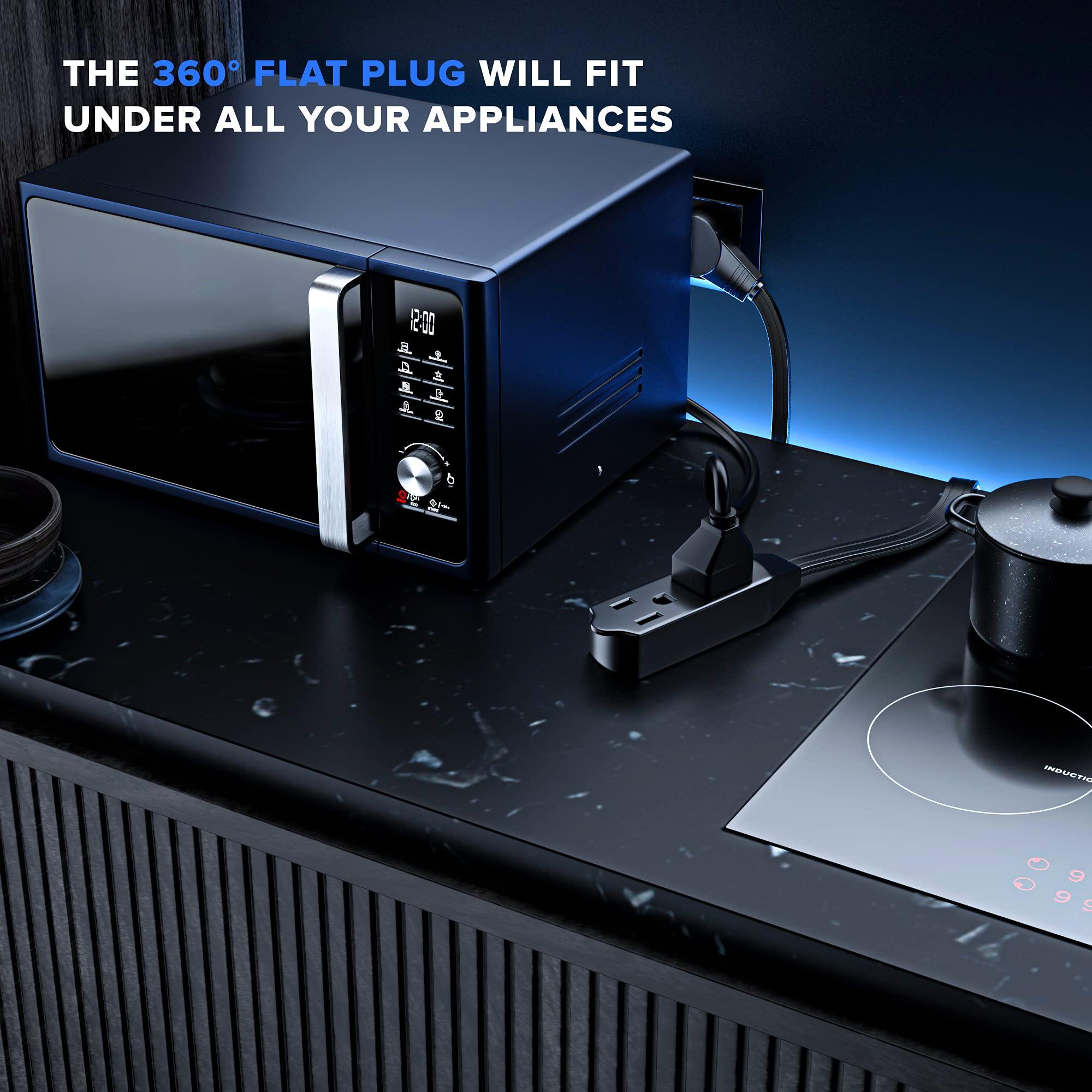 Maximm Maximm Cable 2 Ft 360 Rotating Flat Plug Extension Cord/Wire, 16 AWG Multi 3 Outlet Extension Wire, 3 Prong Grounded Wire - Black - UL Certified