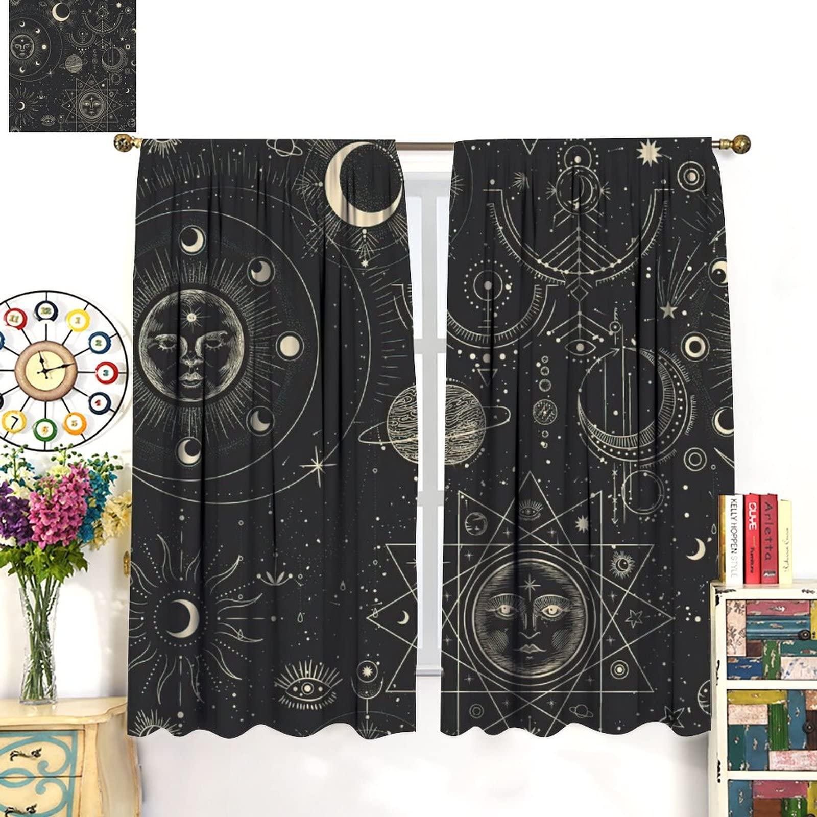gaoyaqing Sun and Moon Star Curtains, Bohemian Chic Art Gold Sun Moon and Stars in Black Sky Antique Style 2 Panel Bedroom Blackout Curtains Decorate The Room 84x84in