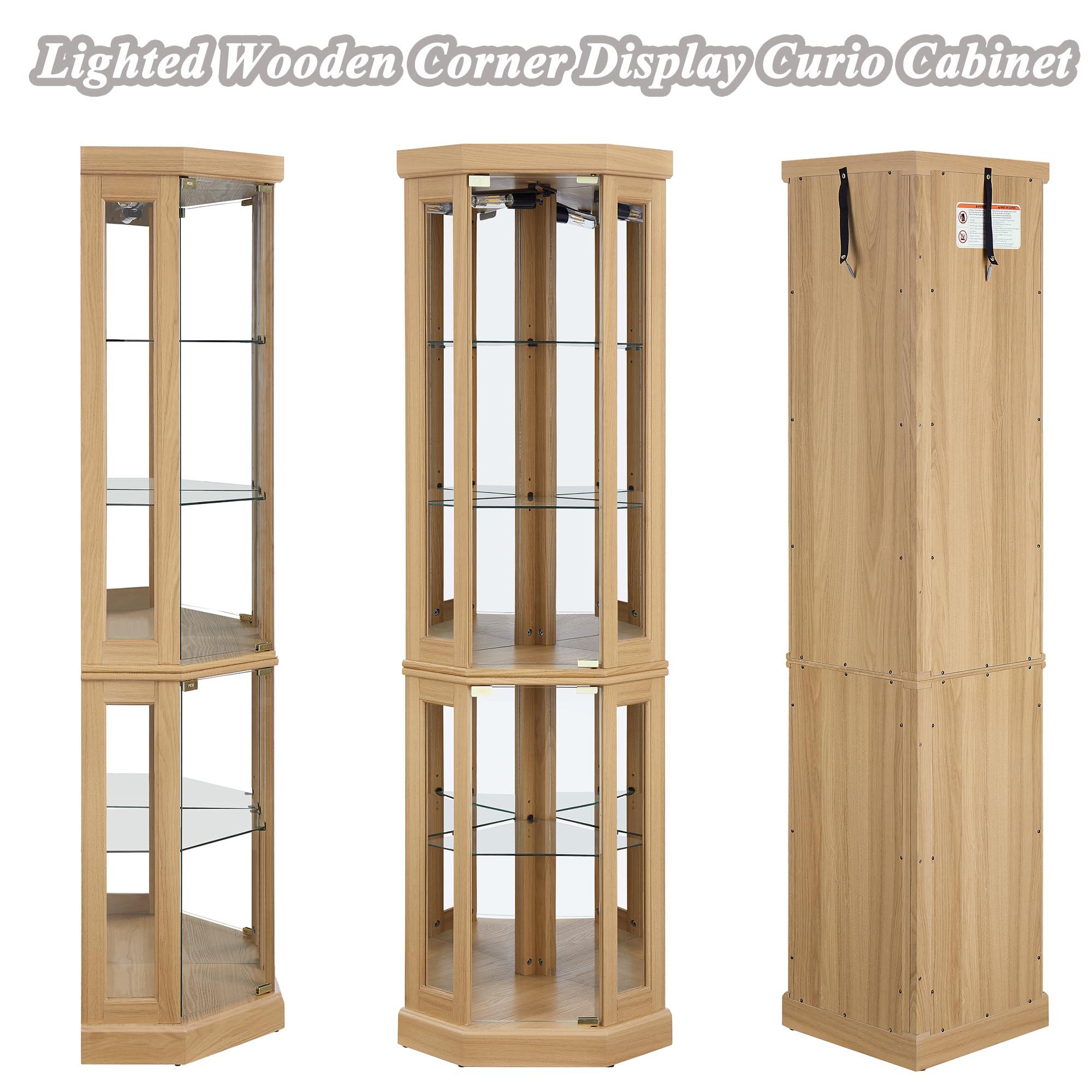 XZTUAJ XZTUAJ Corner Curio Cabinet Display Case with Light, 69\" H Glass Display Cabinet, Display Showcase Case Storage with Tempered Glass Door & Adjustable Glass Shelves for Living Room (Light Oak)