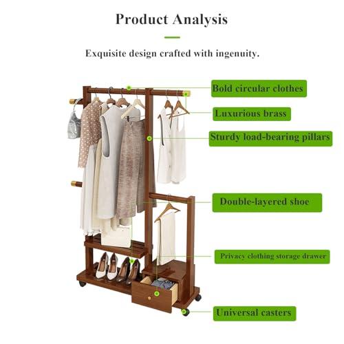 Diodceraic Clothes Organizer Stand On Wheels,entryway Coat Rack With Storage,Garment Racks For Hanging Clothes,bamboo Rolling Garment Rack,Multifunction Entry-way Coat Racks Stand For Bedroom Entryway(Color:Brow