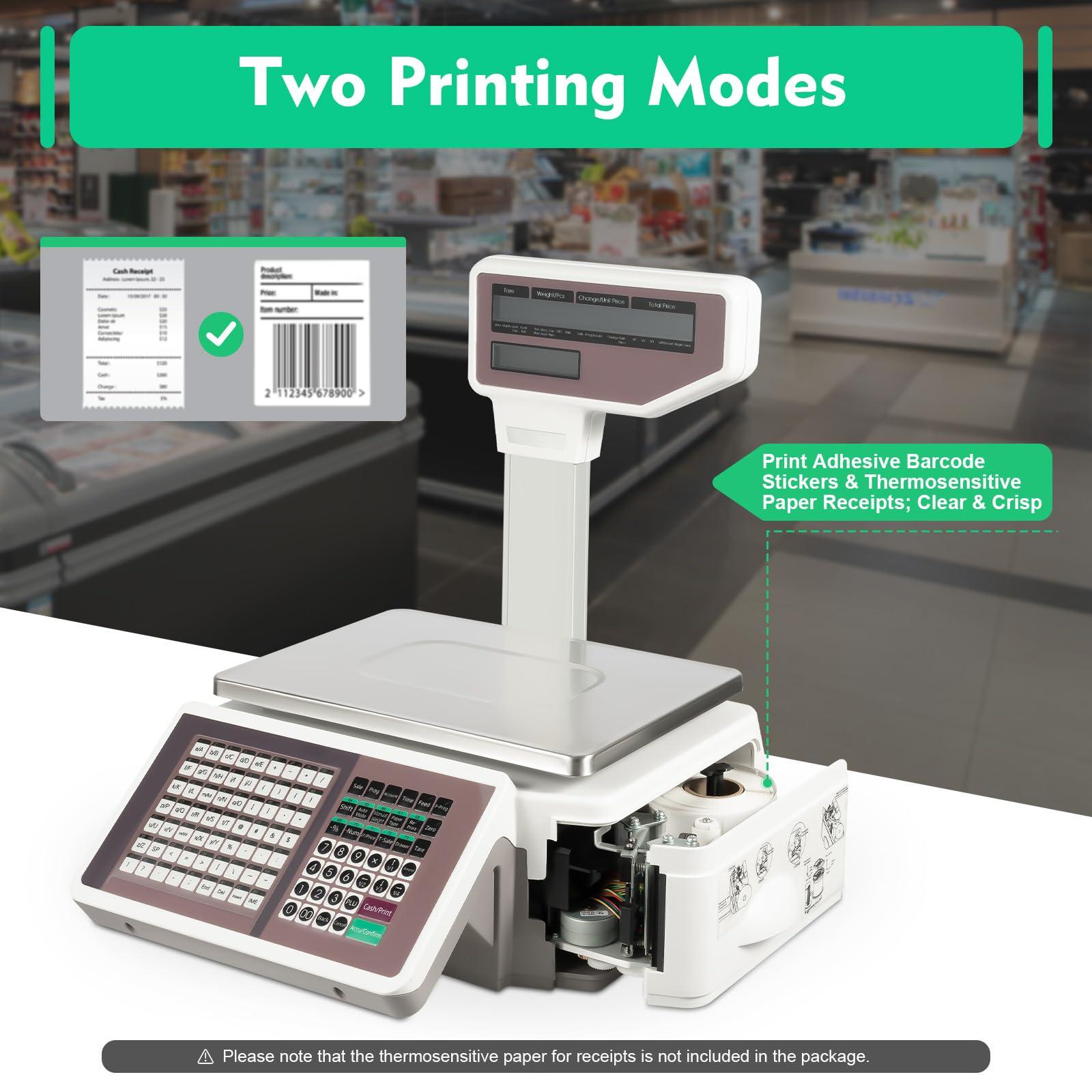 AOOCHU Commercial Digital Price Computing Scale Balance Scale W/Remote Control with Label Printer Double-Sided Display Anti-Slip Foot Pads for Supermarkets Fruit Stores Snack Stores (White)