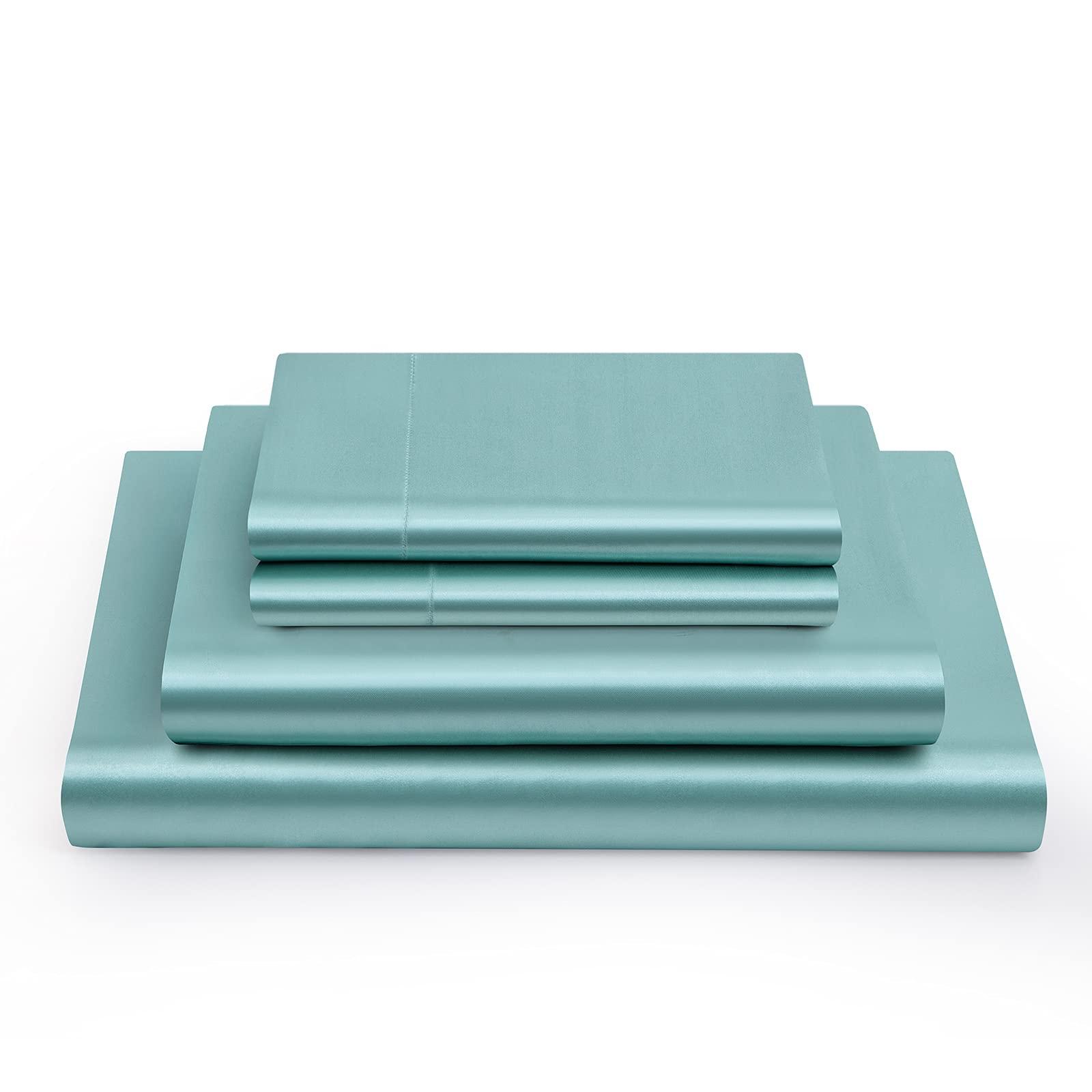 Soft Mercantile Satin Sheets Twin XL Silky Soft Satin Bed Sheets Aqua, 15" Deep Pocket 1 Fitted Sheet + 1 Flat Sheet + 2 Pillowcases