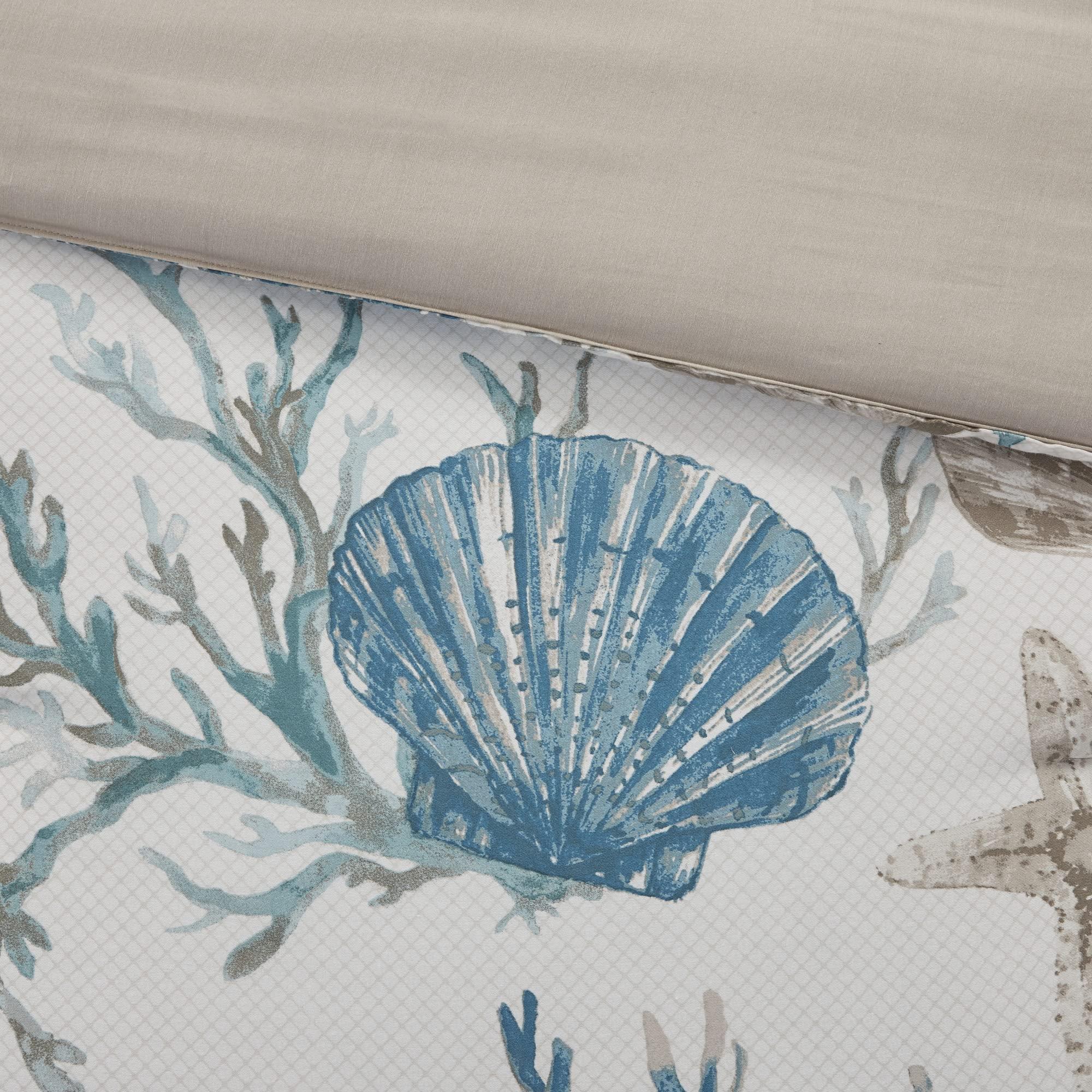 Madison Park Madison Park Pebble Beach 100% Cotton Comforter Set - Coastal Coral, Starfish Design All Season Down Alternative Cozy Bedding with Matching Shams, Decorative Pillow, Queen(90\"x90\") Aqua 7 Piece