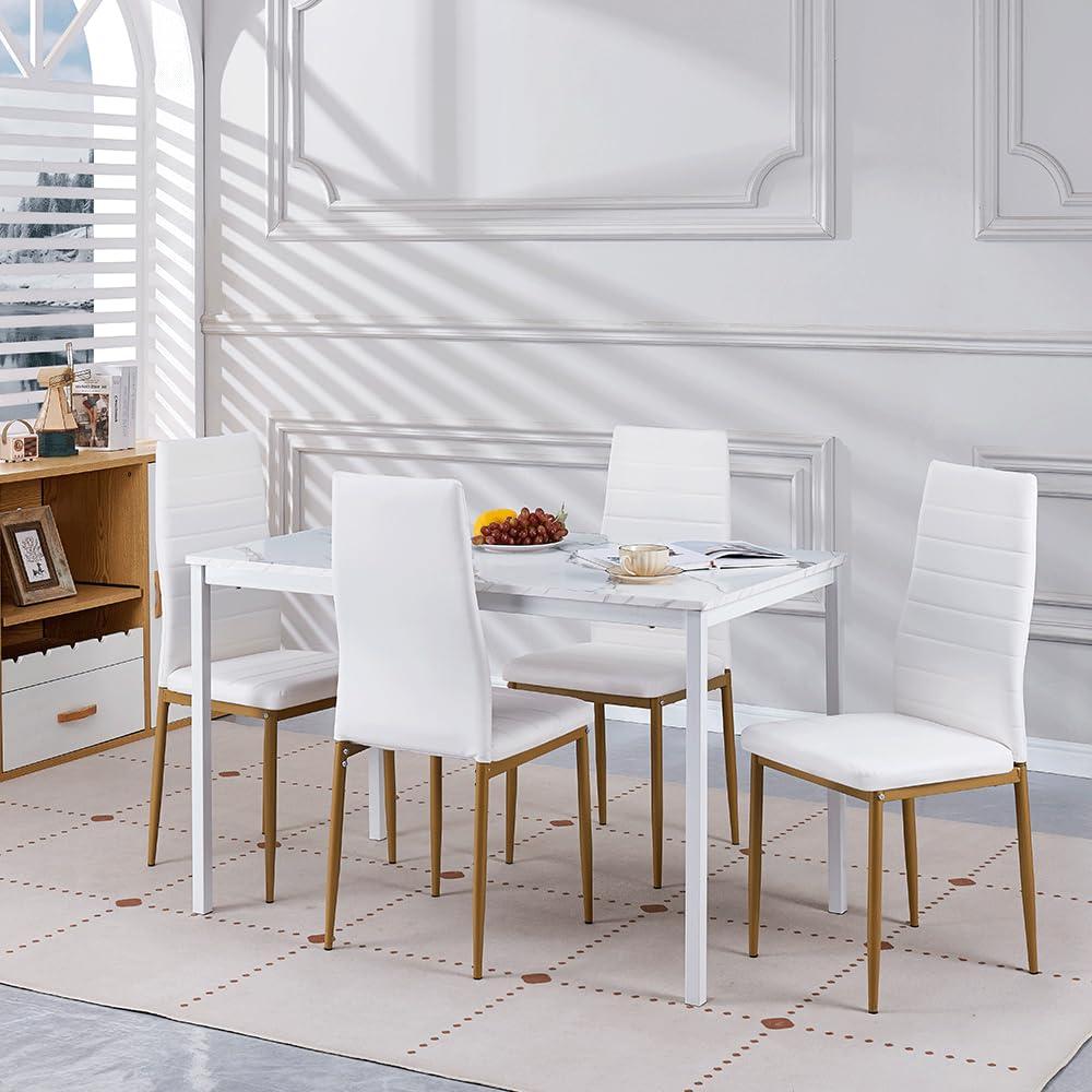 DZOVAD DZOVAD White 5-Piece Dining Set, Kitchen Table Chairs Set of 4 for Kitchen & Dining Room, Dinette, Space-Saving with MDF Board Table Top, 4 Upholstered PU Leather Chairs, Metal Steel Frame