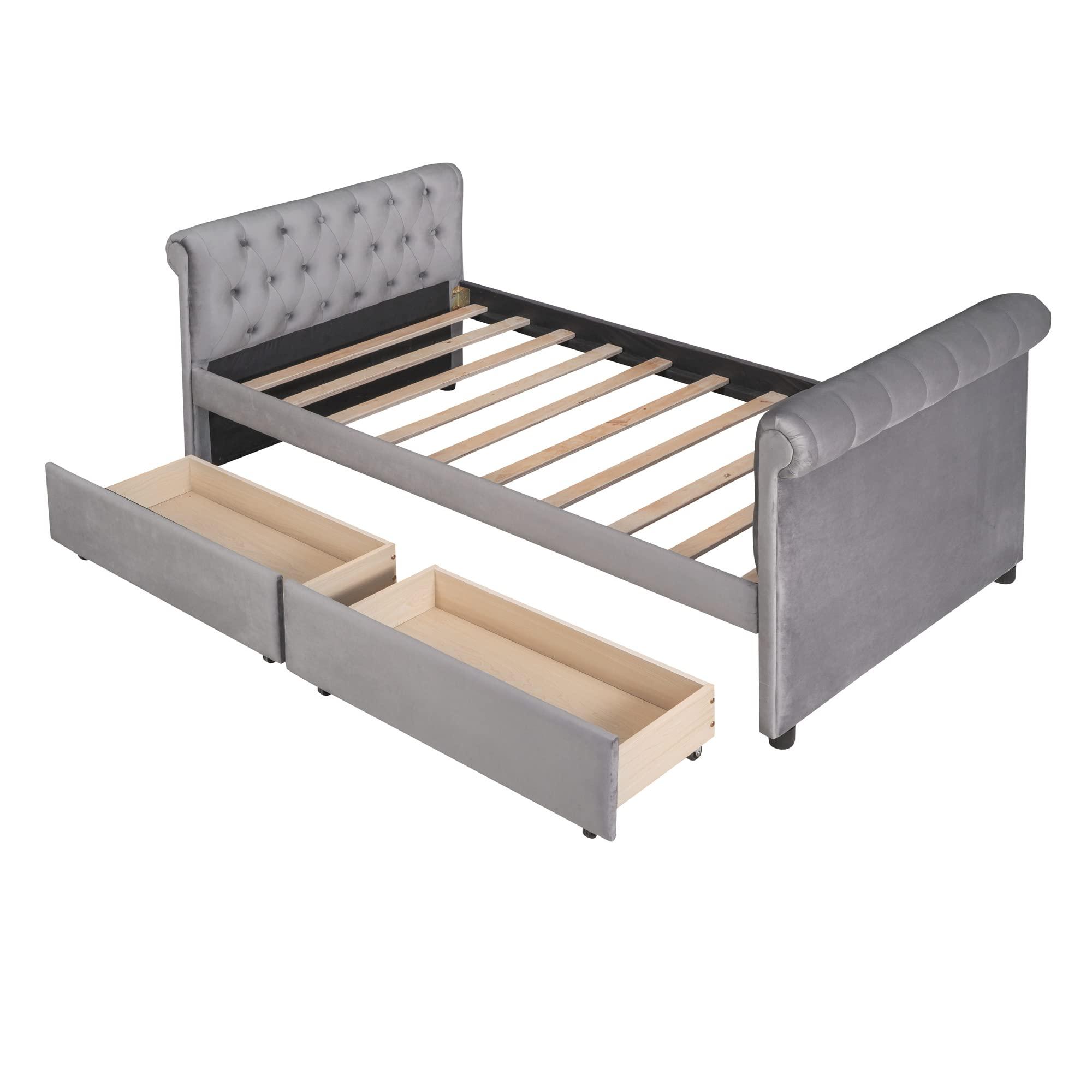 TONDI Tufted Daybed with Storage Drawers, Twin Size Upholstered Daybed with Drawers, Velvet Sofa Couch Bed Grey,Sofa