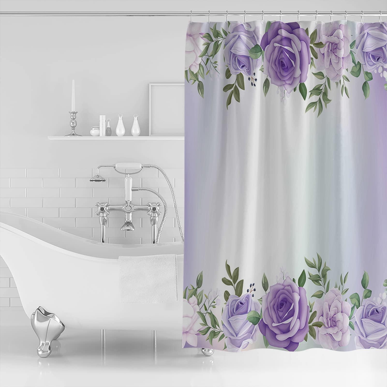 Sunteeny Shower Curtain Rose Flower Purple Pink Shower Curtains Waterproof Polyester Fabric Bath Curtains with Hooks for Farmhouse Bathroom Decor 36\" Wx78 L
