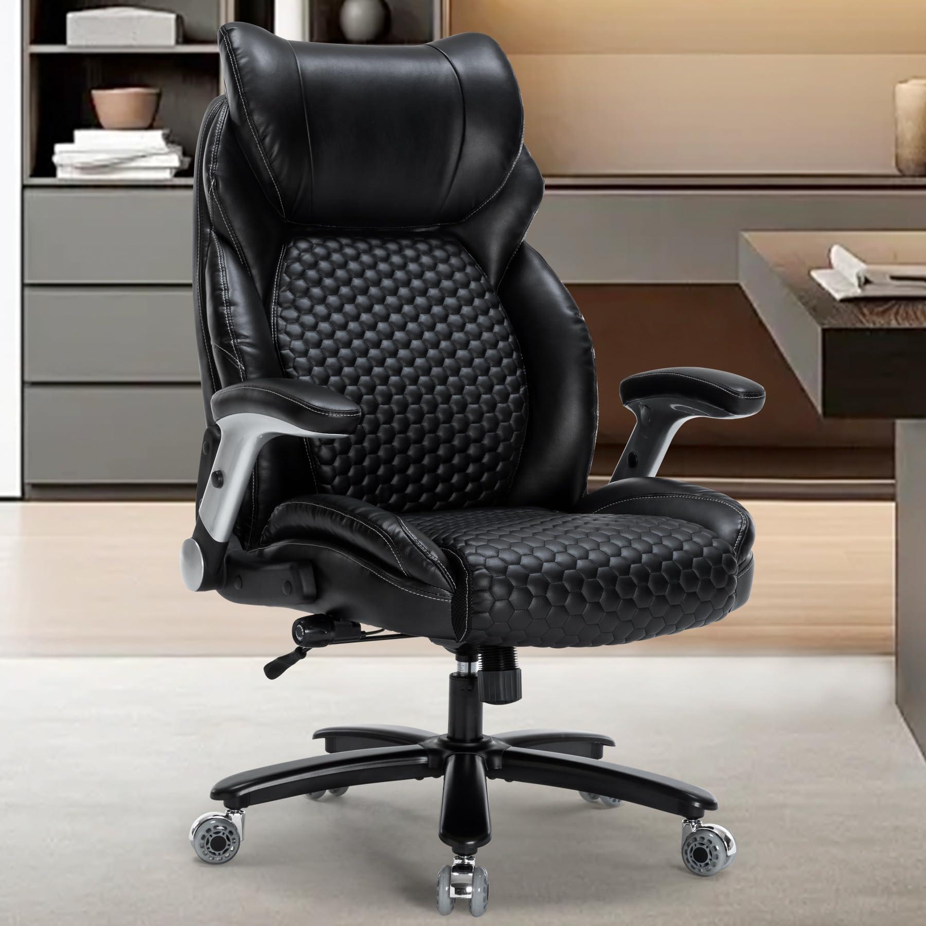 OLYFING OLYFING Executive Office Chair, Heavy Duty 500 lbs, Ergonomic Leather Desk Chair with Adjustable Headrest and Lumbar Support, Big and Tall High Back Swivel Chair with Flip-up Armrests, Black