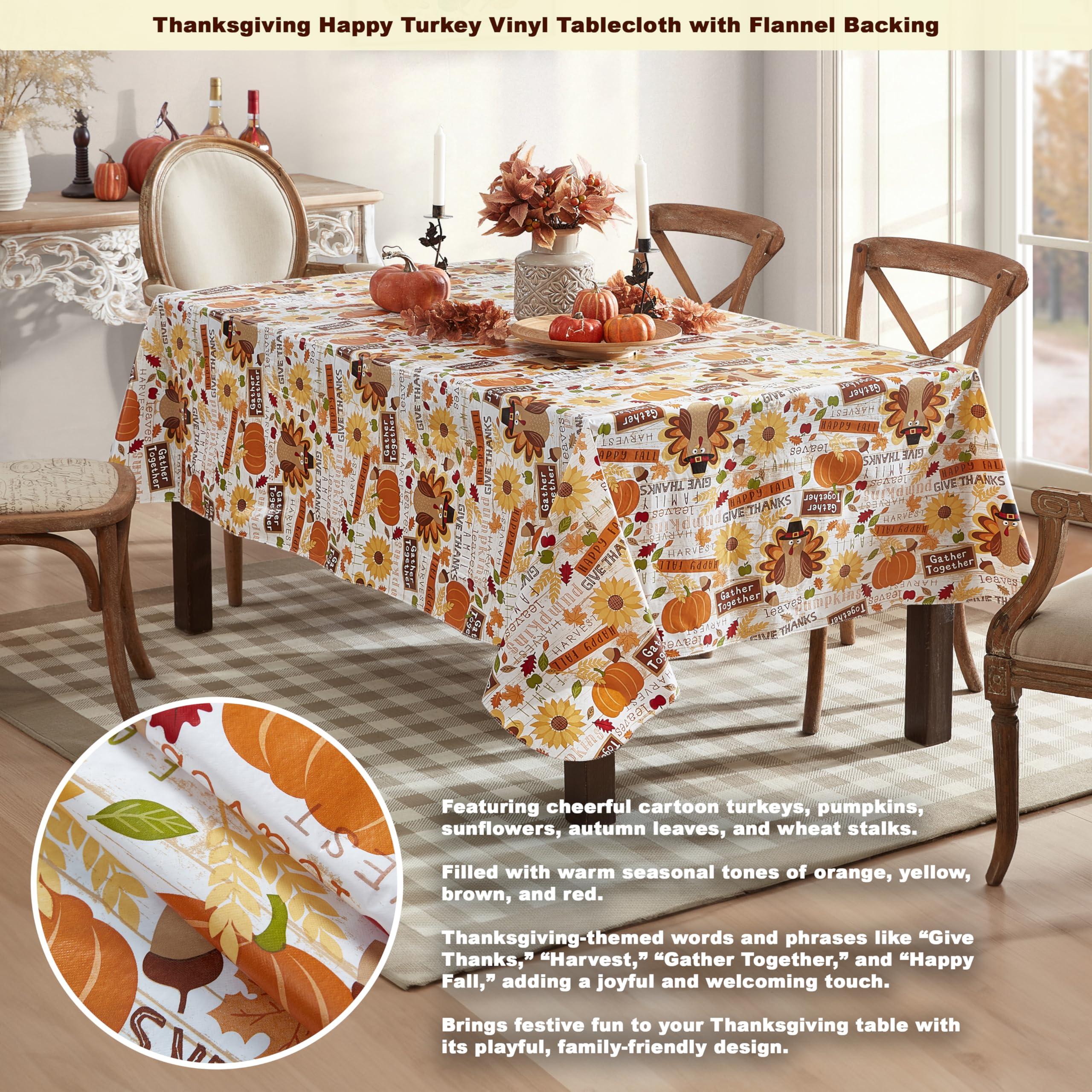 Newbridge Newbridge Happy Thanksgiving Turkey Vinyl Flannel Backed Tablecloth, Whimsical Fall Harvest Kitchen Dining Room Easy Care Vinyl Tablecloth with Flannel Backing Tablecloth, 52 x 70 Oblong/Rectangle