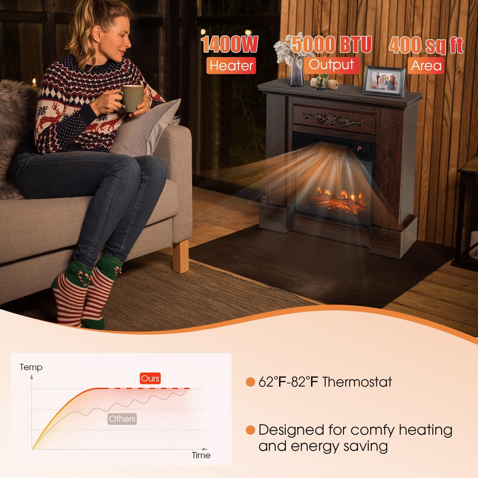 Tangkula Tangkula 1400W 32 Inches Electric Fireplace with Mantel, Freestanding Fireplace Heater with 3D Flame Effect, Remote Control, Thermostat, 6H Timer, Overheat Protection (Brown)
