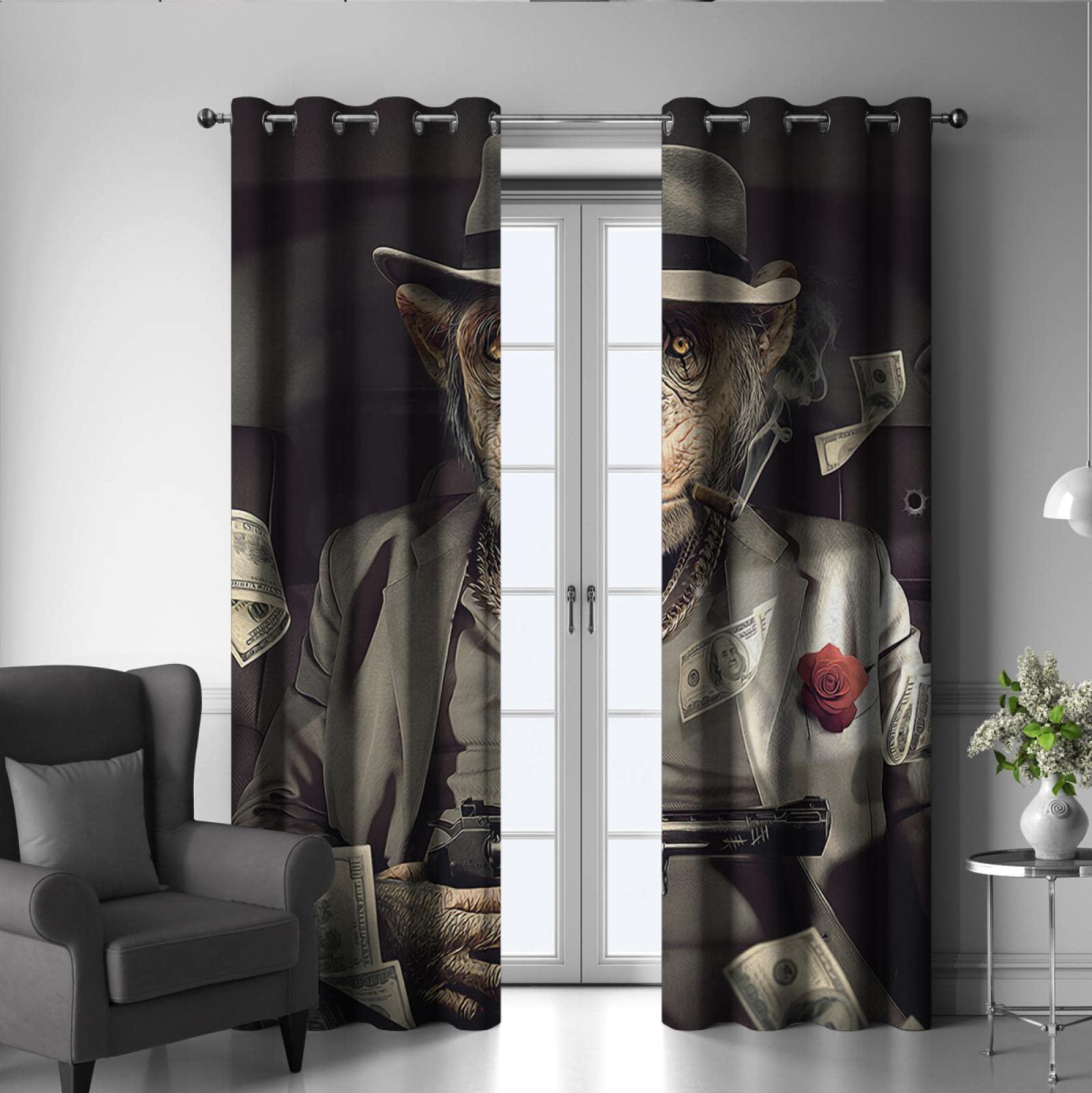 WWTSMYXGS Retro Unique Blackout Curtain Banksy Style Gentleman Monkey Pattern Eyelet Thermal Insulated & Room Darkening Window Drapes 55x68 Inch 2 Panels