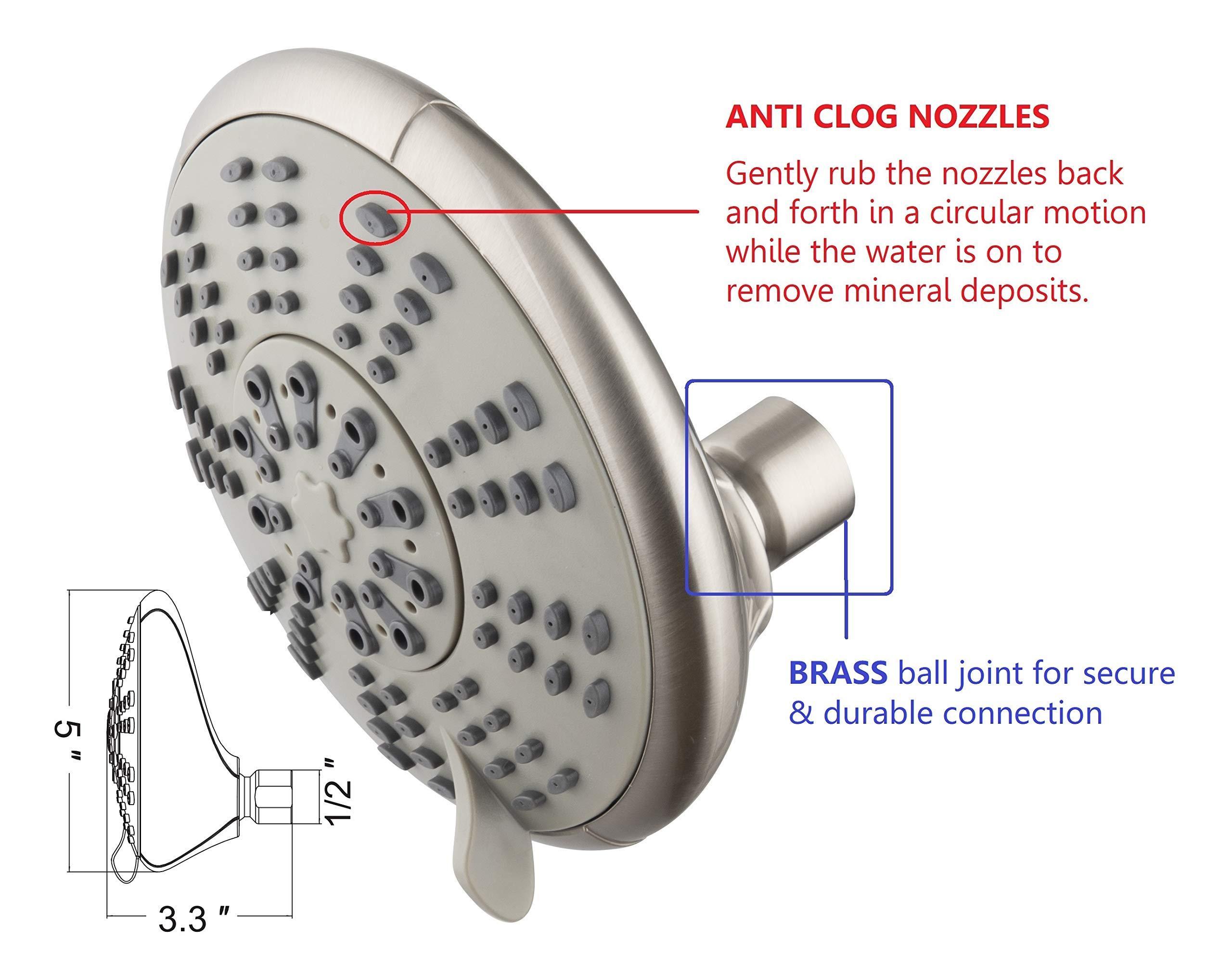 Ana Bath Ana Bath 5-Inch Anti-Clog High Pressure LARGE Dual Shower Head with Handheld Spray - 5 Unique Spray Modes/BRASS CONNECTOR/5 Ft Stainless Steel Hose/Spot Resist Brushed Nickel