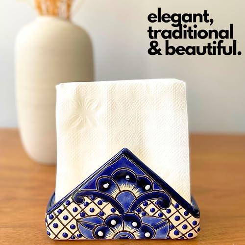 Casa Fiesta Designs Ceramic Napkin Holder - Authentic Mexican Pottery - for Kitchen Countertop | Dinner Table | Indoor & Outdoor Use Tissue and Letter Holder - Mexican Style Talavera Servilletero (Blue and White)