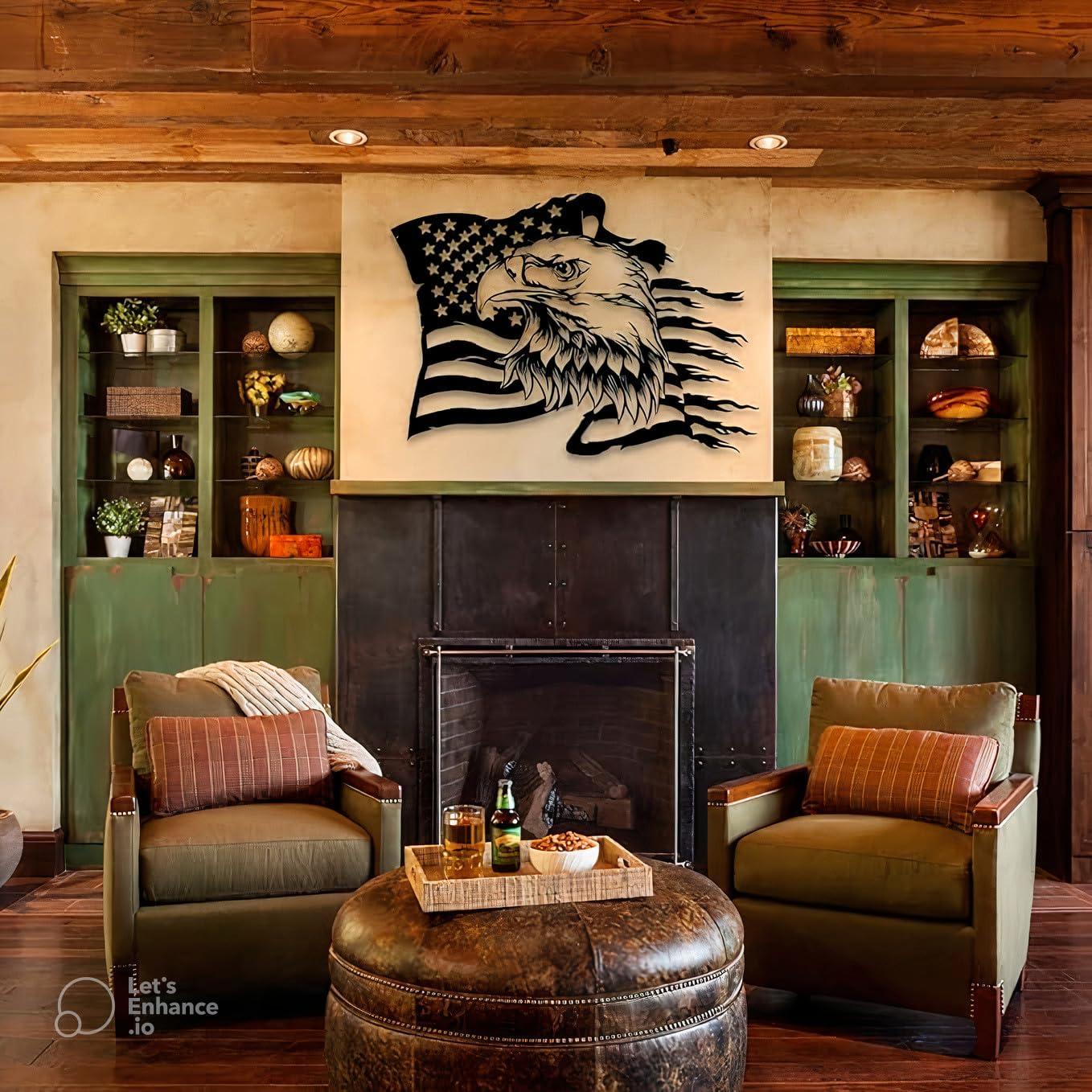 PLTZCRAFT PLTZCRAFT Metal Bald Eagle Wall Art, Large Metal Eagle American Flag Wall Decor, Patriotic Gift for Home, Bathroom, Living Room, 16.9 x 23.6' / 43 x 60 cm