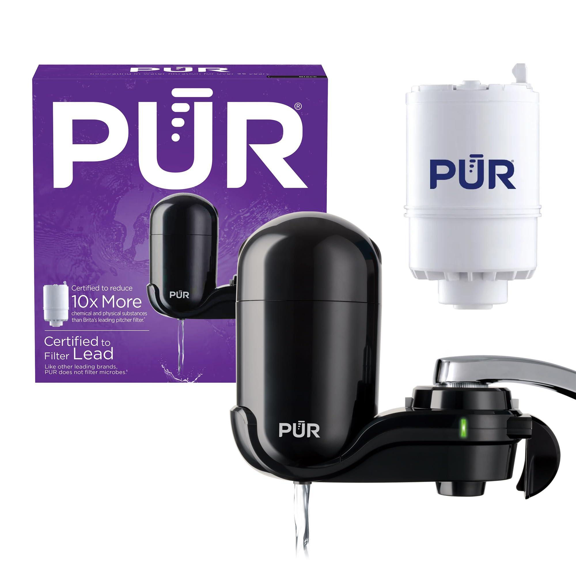 PUR PUR Vertical Faucet Mount Water Filtration System with Lead Reducing Filter for Cleaner, Filtered Tap Water, Lasts 100 Gallons, Sink Water Filter, Fits Most Kitchen or Bathroom Faucets, Black