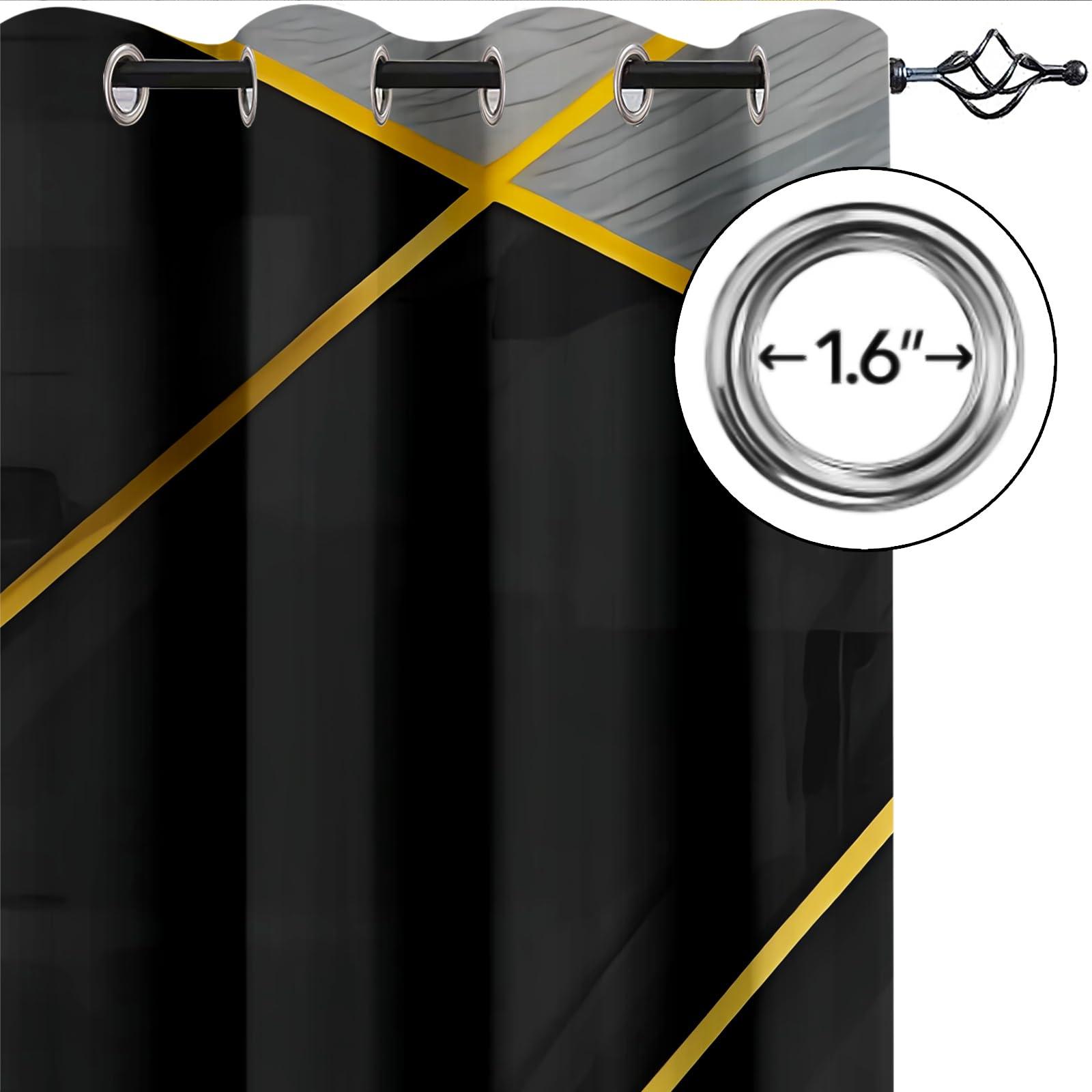 FNOIMO Black and Gray Irregular Geometry Blackout Curtains, Golden Luxury Abstract Lines Grommet Drapes 2 Panel Set, Grommet Thermal Insulated Window Curtain for Living Room Bedroom Office 104"W x 84"L