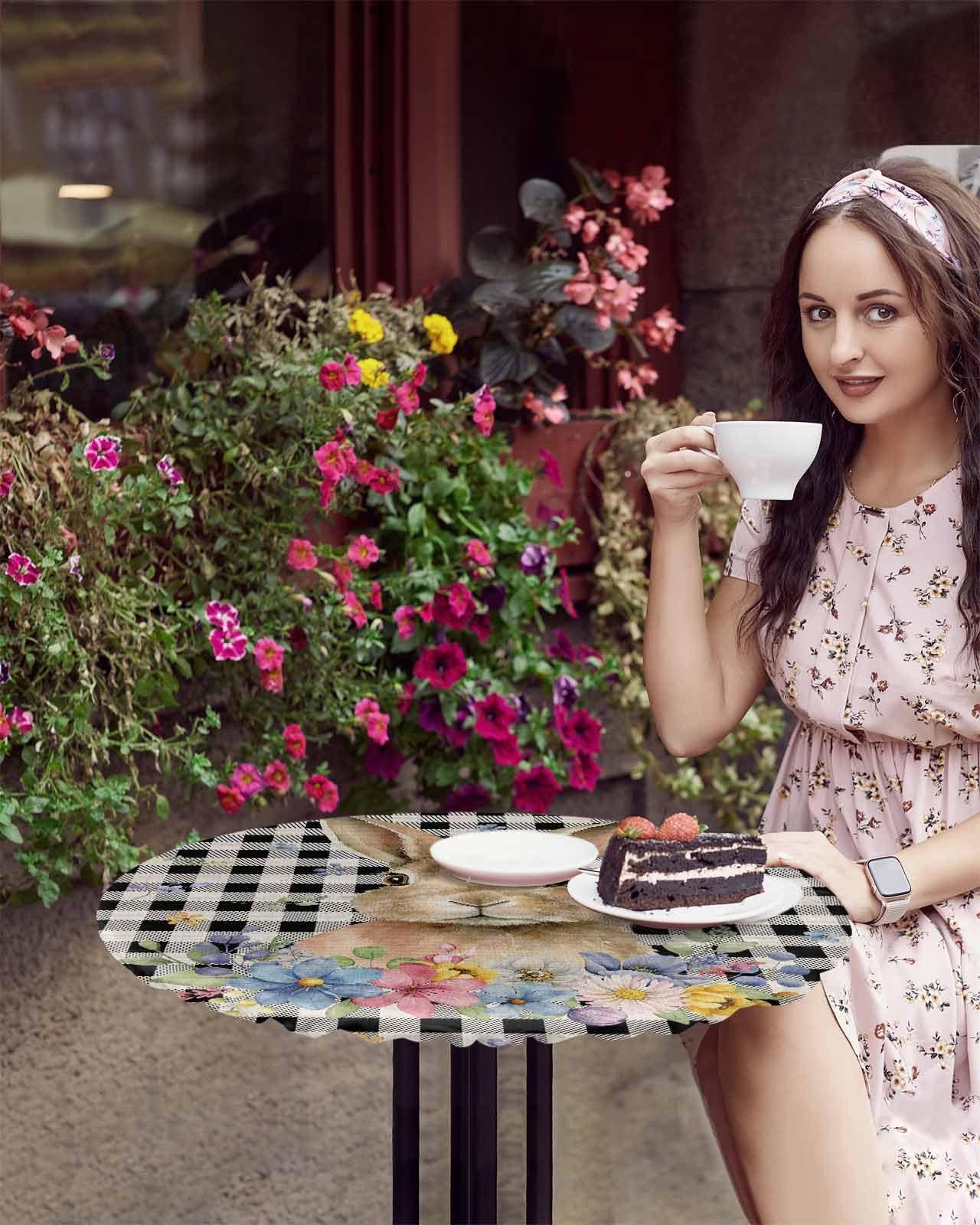 BOBOWUNY BOBOWUNY Easter Table Cloth, Round Fitted Tablecloths with Elastic Edge, Wipeable Waterproof Table Cover for Kitchen Wedding 45-54 Inches Black Buffalo Plaid Check Easter Bunny Floral