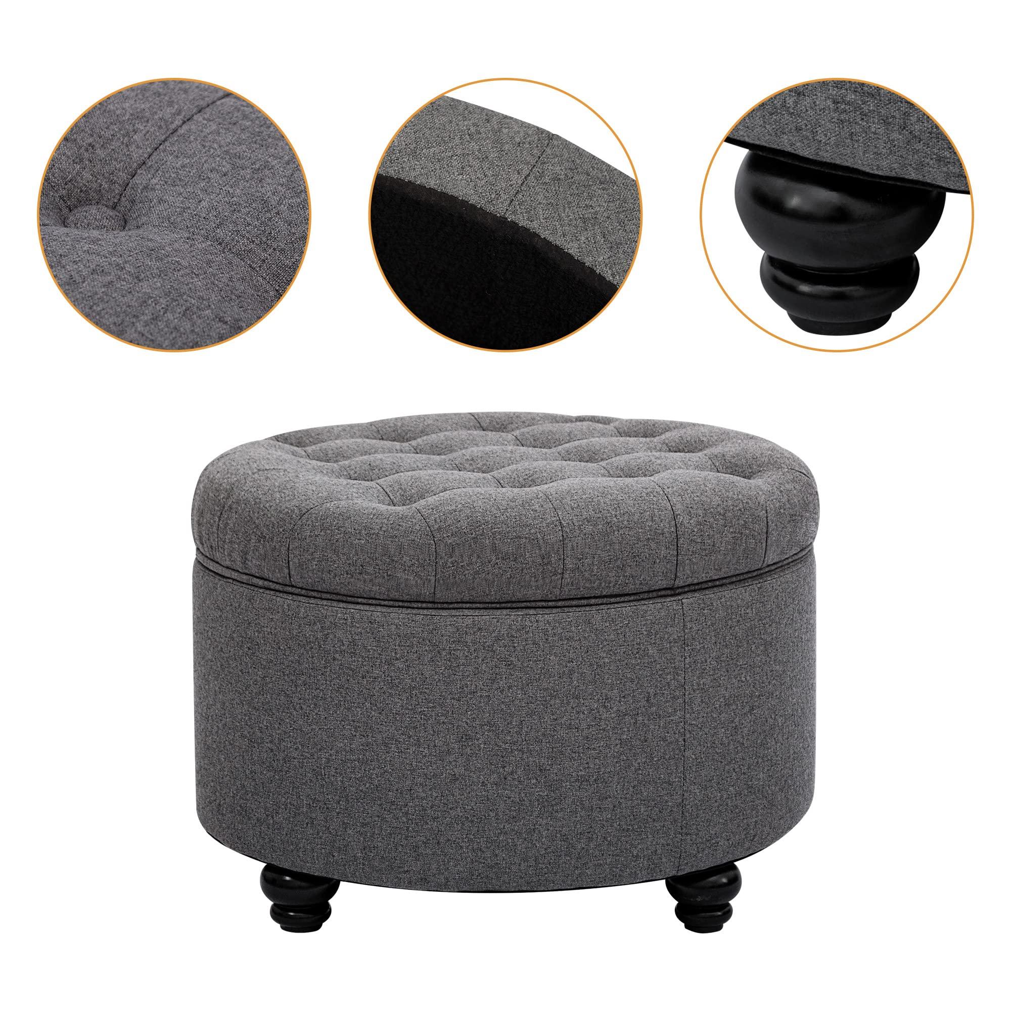 CangLong CangLong Large Button Tufted Fabric Round Storage Ottoman with Storage for Living Room & Bedroom,Dark Grey