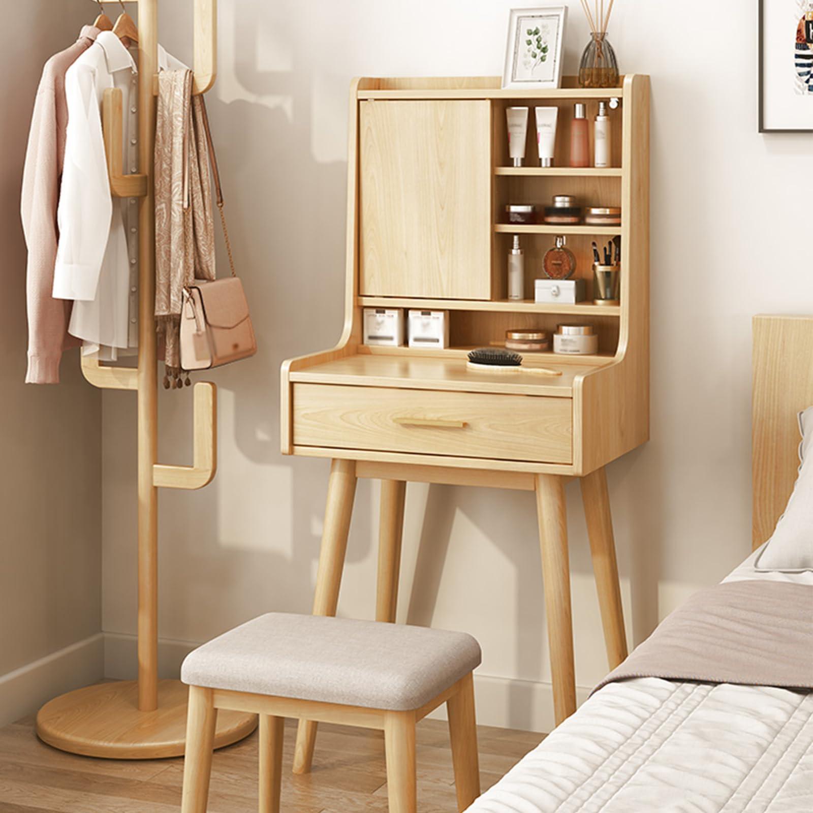 LEYANSHANGMAO Generic Nordic-Style Dressing Table with Flip Top Mirror and Stool for Small Bedrooms - Modern, Minimalist, and Luxurious Makeup Vanity (Wood Color, M-80cm/31.50in)