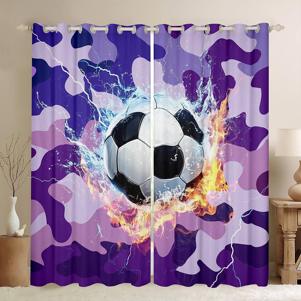 Erosebridal Football Curtains For Boys, Soccer Window Curtains, Sports Games Bedding Set For Kids Teens Adult Men, Camouflage Ice And Fire Thermal Insulated Window Drapes For Living Room Decor, Purple 42"Wx84"L