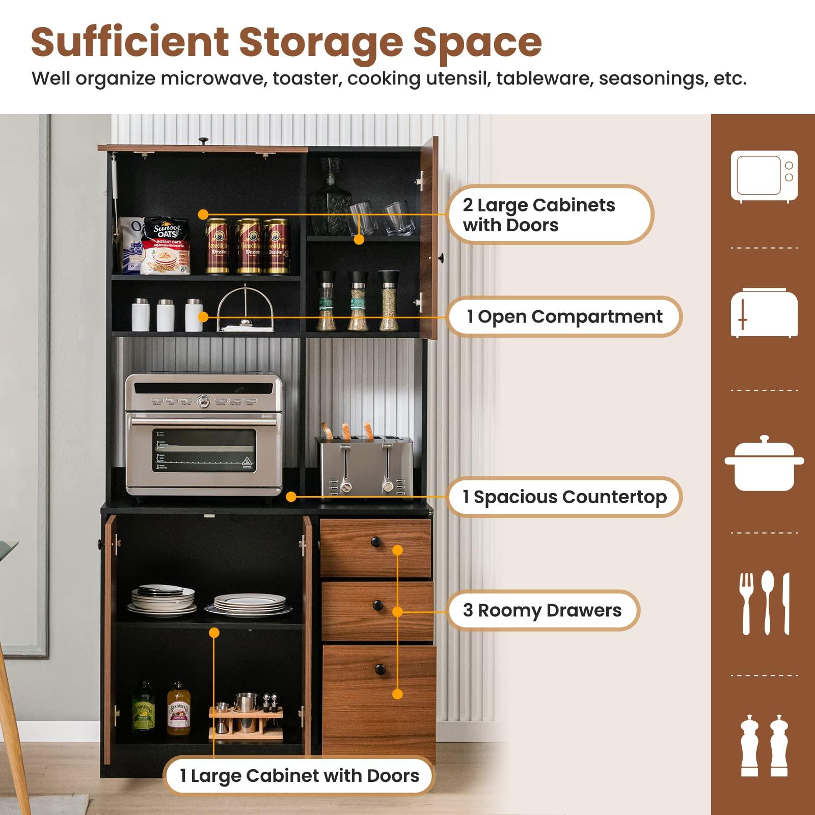 LOKO LOKO 71 Tall Kitchen Pantry Storage Cabinet, Freestanding Buffet Hutch with Doors, Adjustable Shelves, 3 Drawers and Microwave Stand, Kitchen Hutch for Dining Room, Living Room (Walnut)