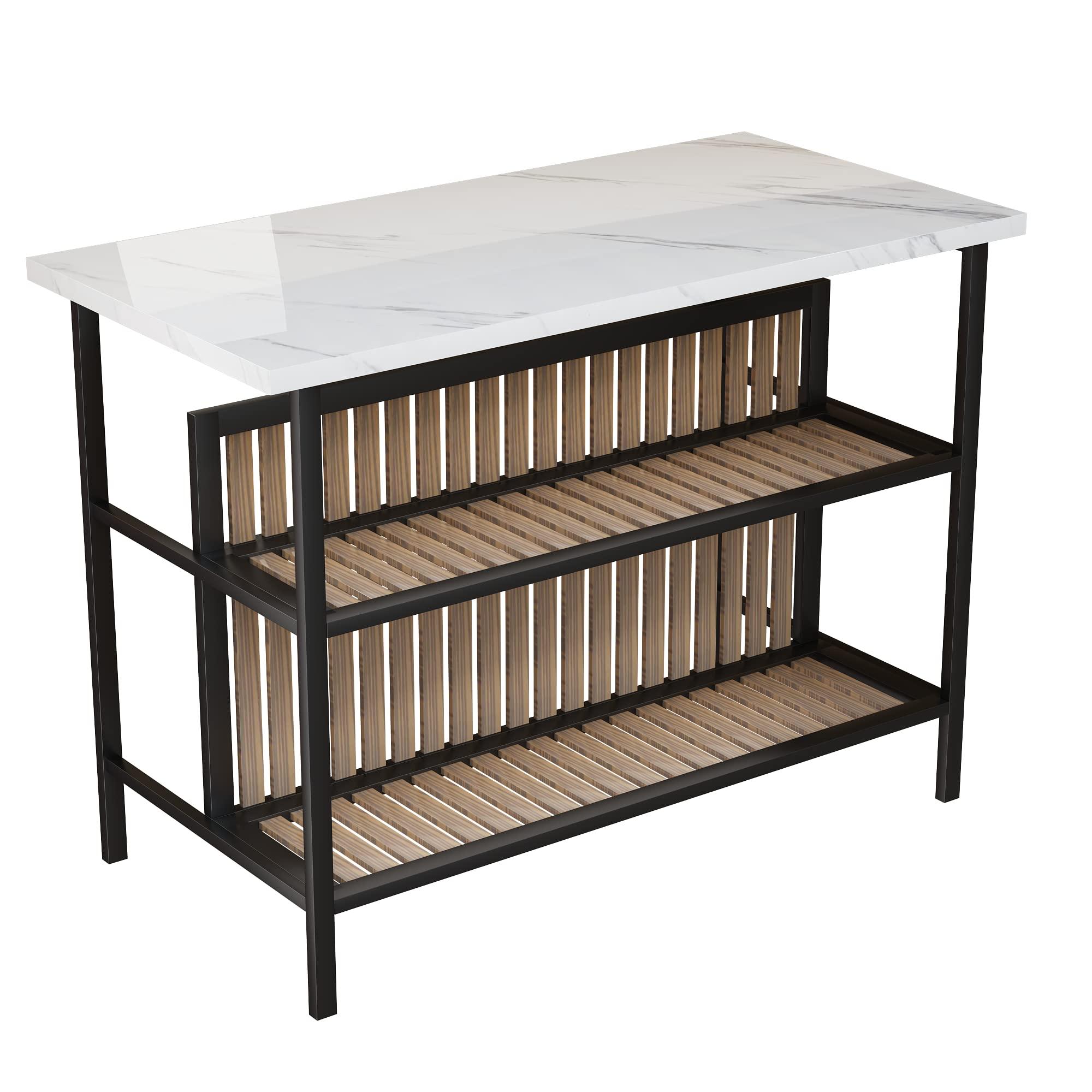 AWQM AWQM Kitchen Island with Seating & Storage Shelf, Faux Marble Island Table for Kitchen, Modern Bar Table and Chairs Set for 2,Dining Table Set for Small Space,White