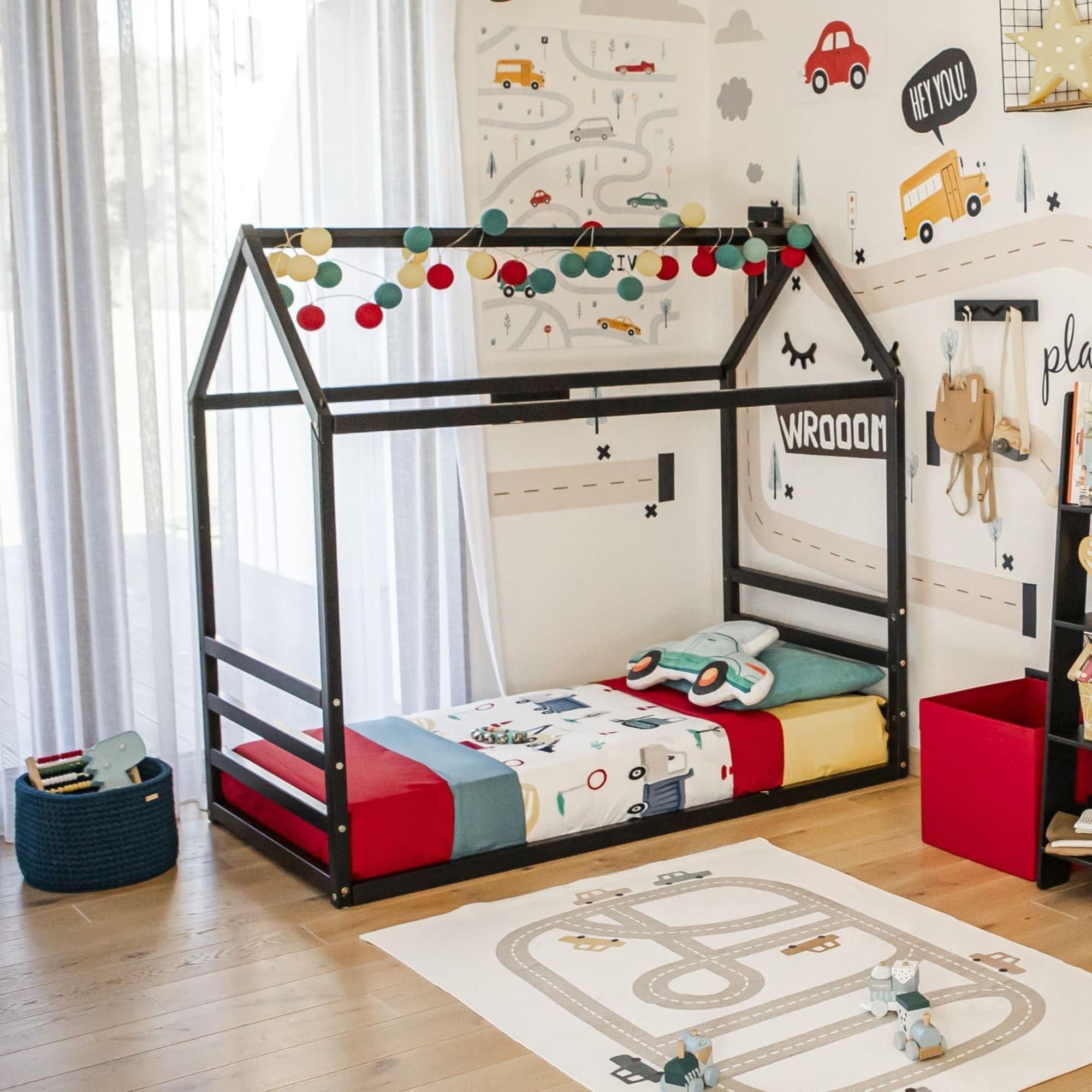 Sweet Home From Wood Montessori bed, Toddler house bed frame US Twin size, Montessori floor bed frame, Canopy bed WITH slats