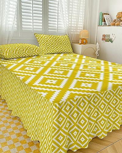 PRINT PICTURE ARTHOME Bed Skirt Full Size 18 Inch Drop, Yellow Wrap Around Bed Skirts Set - 1 Bed Sheet & 2 Pillowcase(30\"x20\"), Geometric Square Texture Dust Ruffle Bedding Sets
