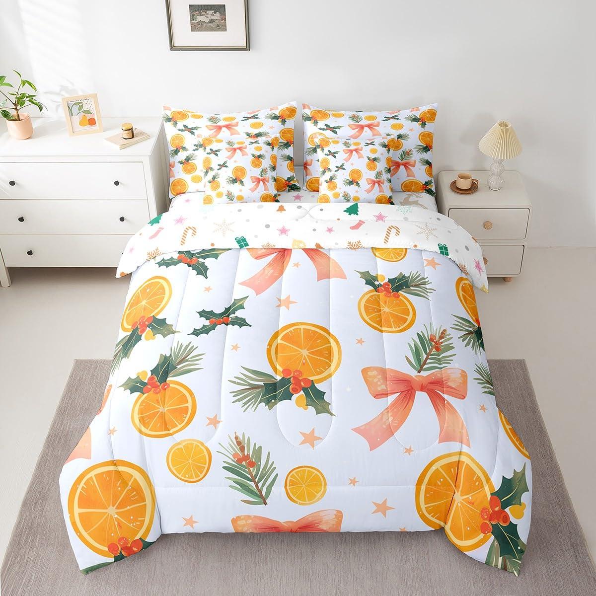 Feelyou Feelyou Merry Christmas Comforter Set with Sheets Christmas Bow Orange Flower Bed in a Bag for Kids Boys Girls Bedroom Bed Decor Xmas Christmas 7 Piece Bedding Set Queen Size Soft Bed Set