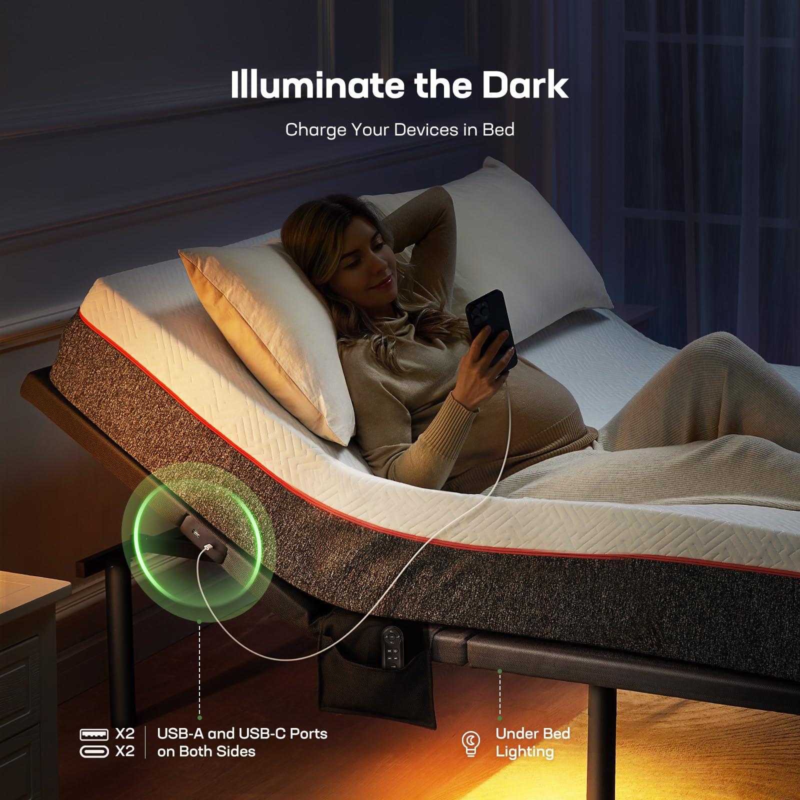 Marsail Marsail Adjustable Bed Queen, Head and Foot Incline Adjustable Bed Frame with Under-Bed Nightlight, Fast Assembly Zero Gravity Base, Wireless Remote Control, 4 USB Ports & 4 Height Options