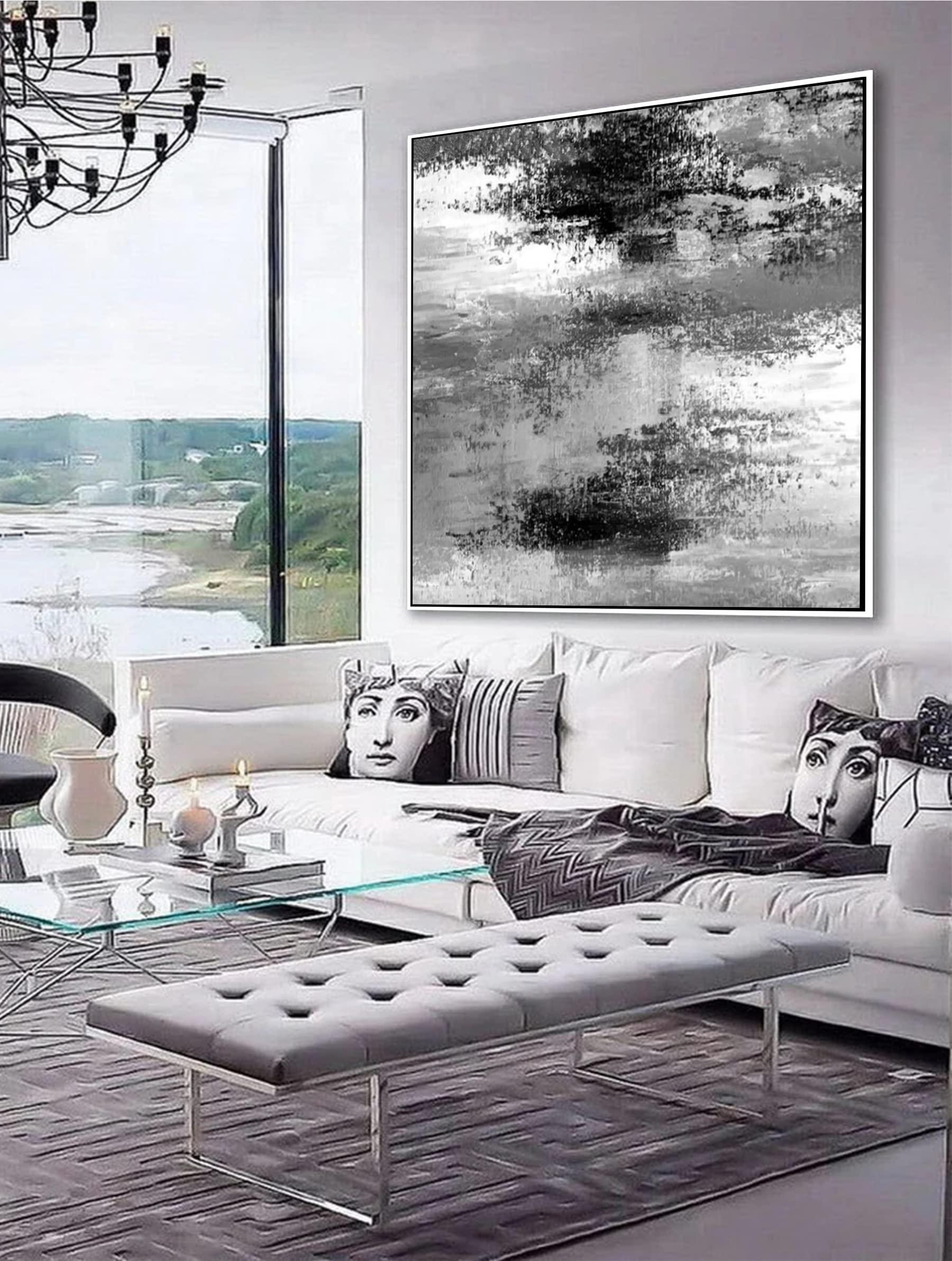 HomeLoft Basics Hand Painted Black White Abstract Oil Paintings on Canvas Wall Art For Living Room Bedroom Wall Decor Minimalist Painting 60x60 inch